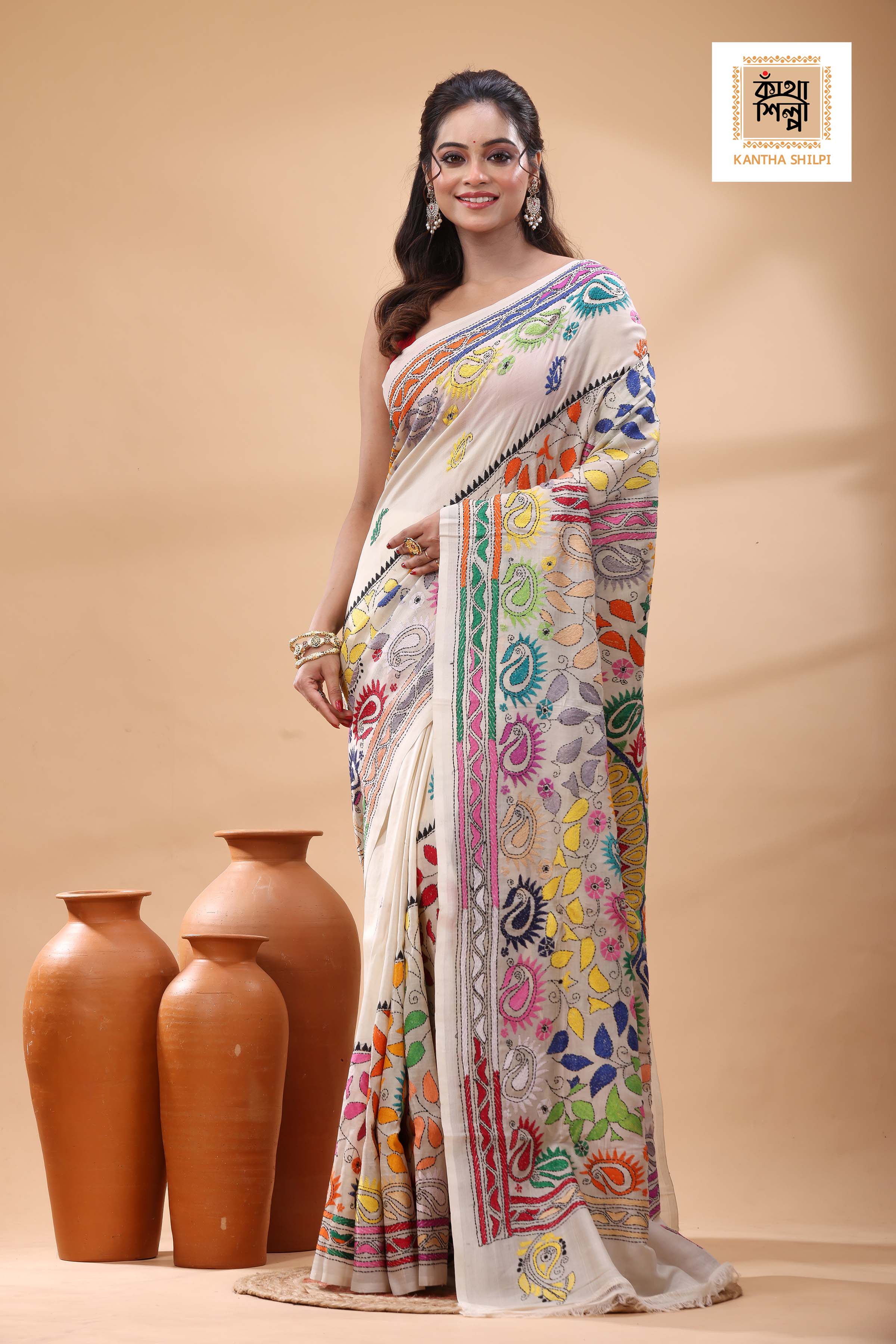 Off White Tussar Silk Multicolor Thread Work Kantha Stitch Saree