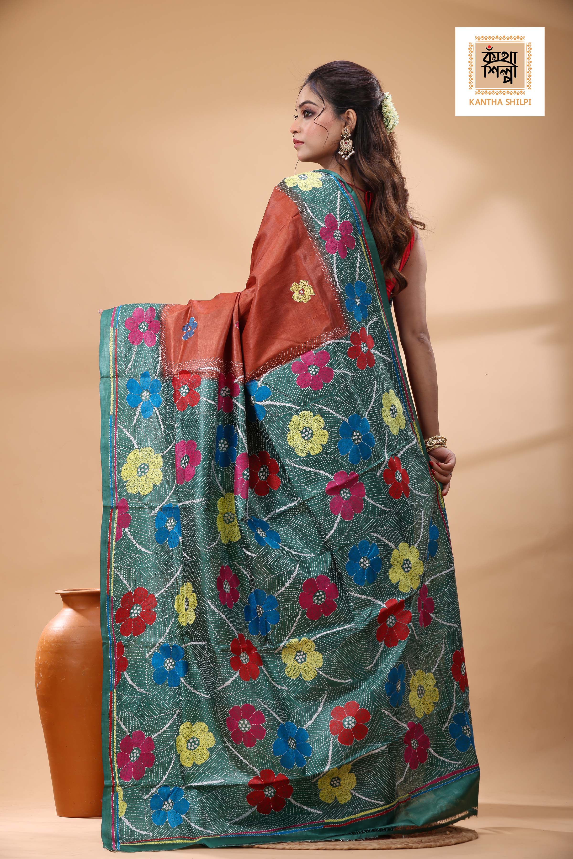 Pure Dye Gachi Tussar Multicolor Thread Work Kantha Stitch Saree