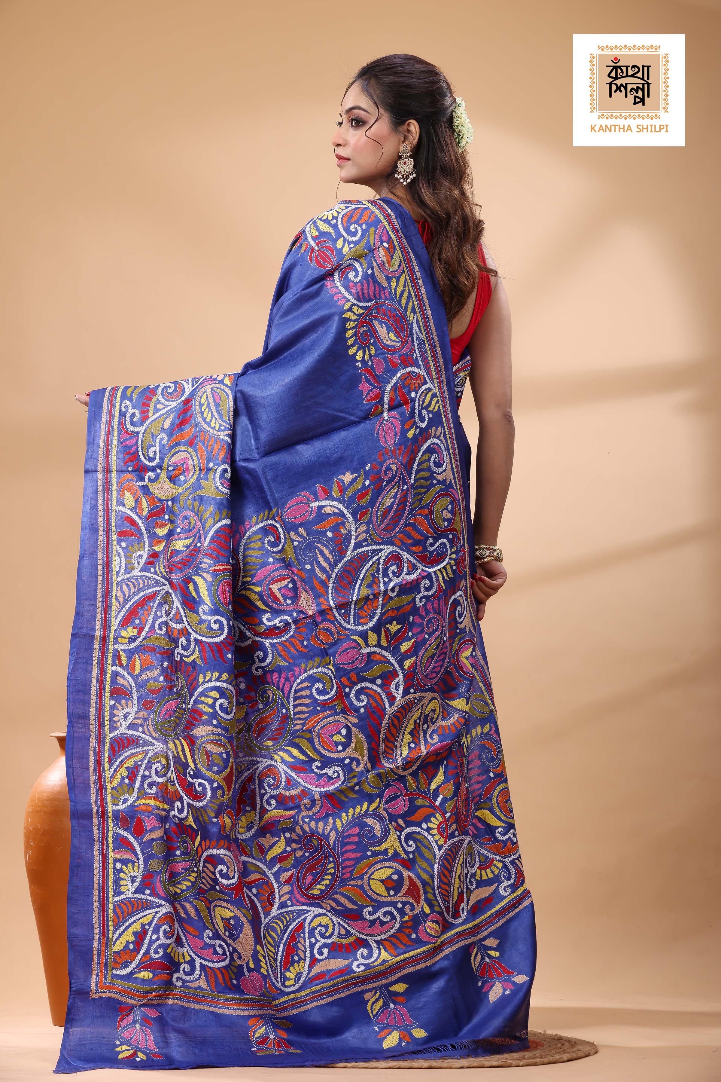 Pure Blue Dye Gachi Tussar Multicolor Thread Work Kantha Stitch Saree