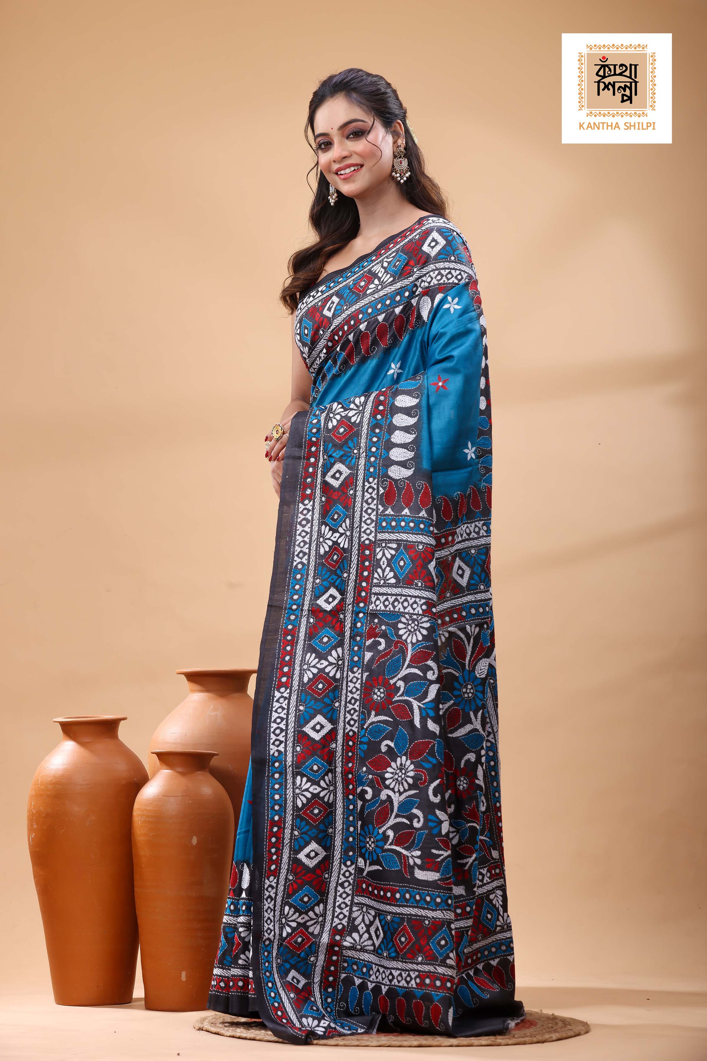 Pure Dye Gachi Tussar Multicolor Thread Work Kantha Stitch Saree