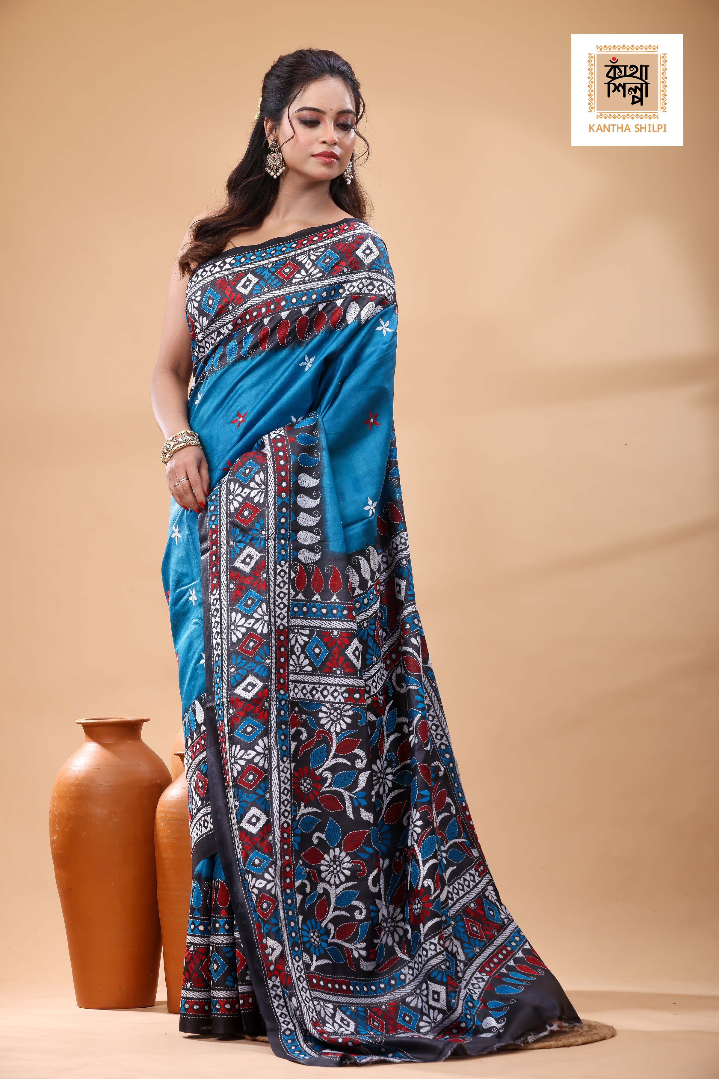 Pure Dye Gachi Tussar Multicolor Thread Work Kantha Stitch Saree