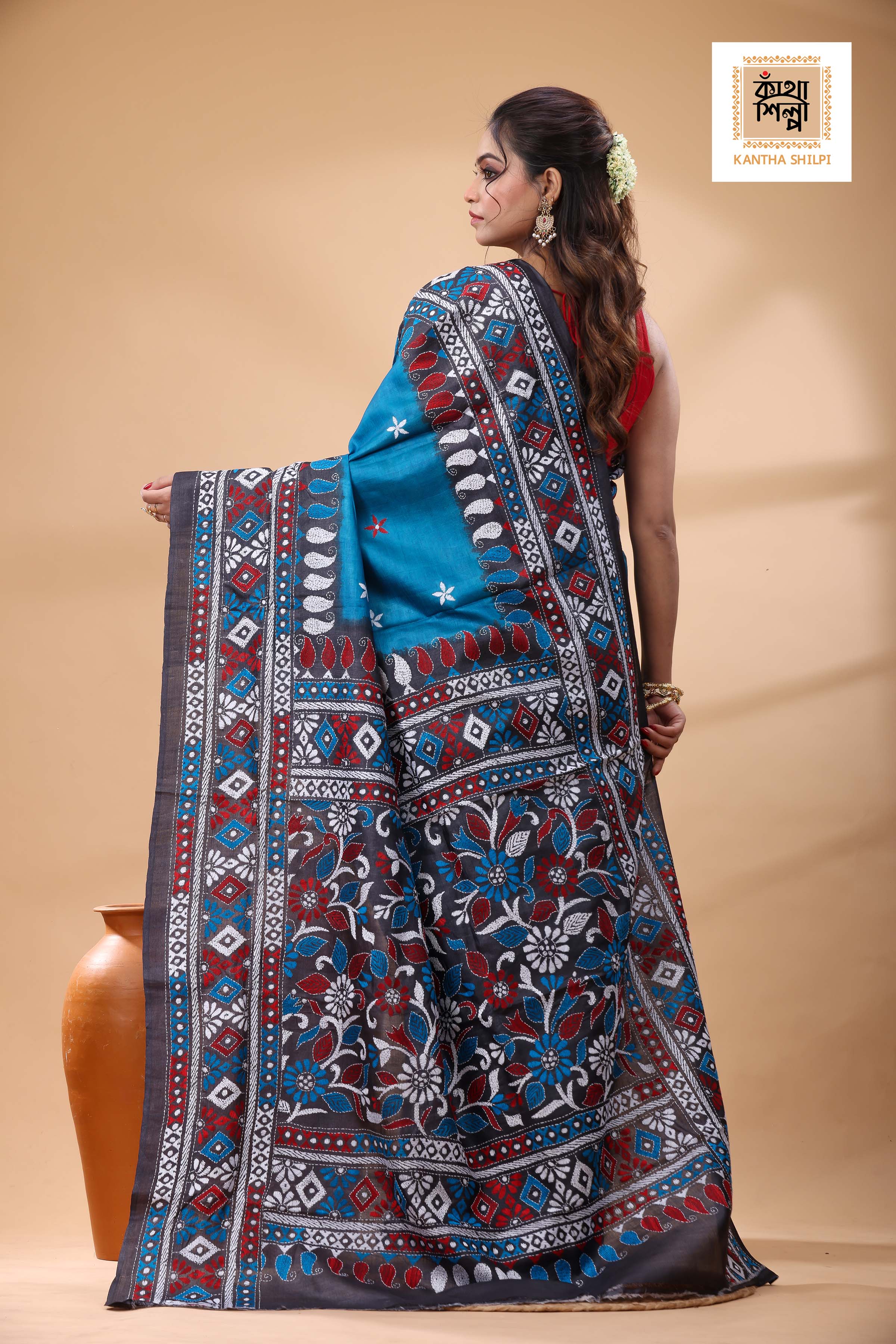 Pure Dye Gachi Tussar Multicolor Thread Work Kantha Stitch Saree
