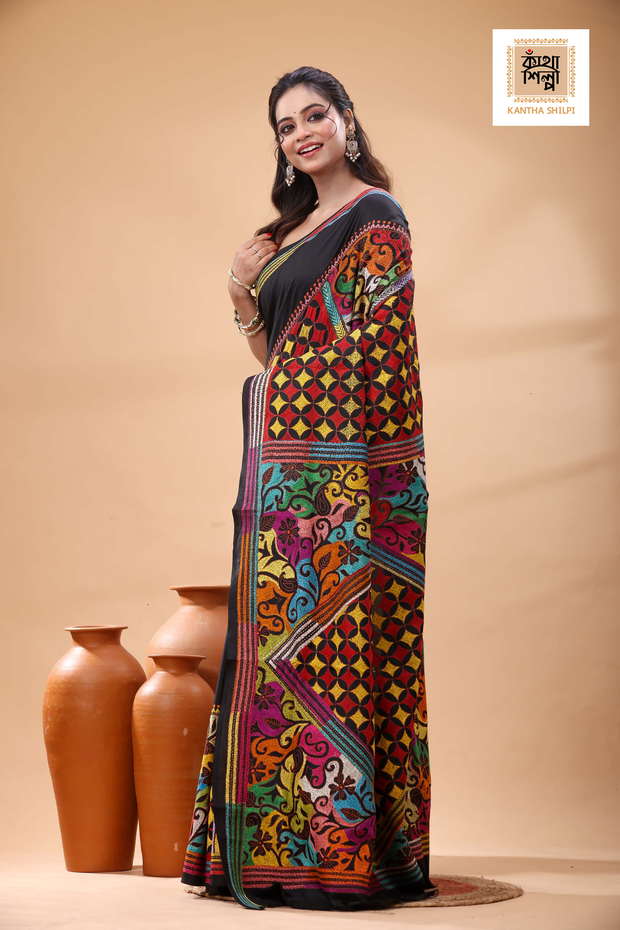 Black Pure Bangalore Silk Multicolor Thread Work Kantha Stitch Saree