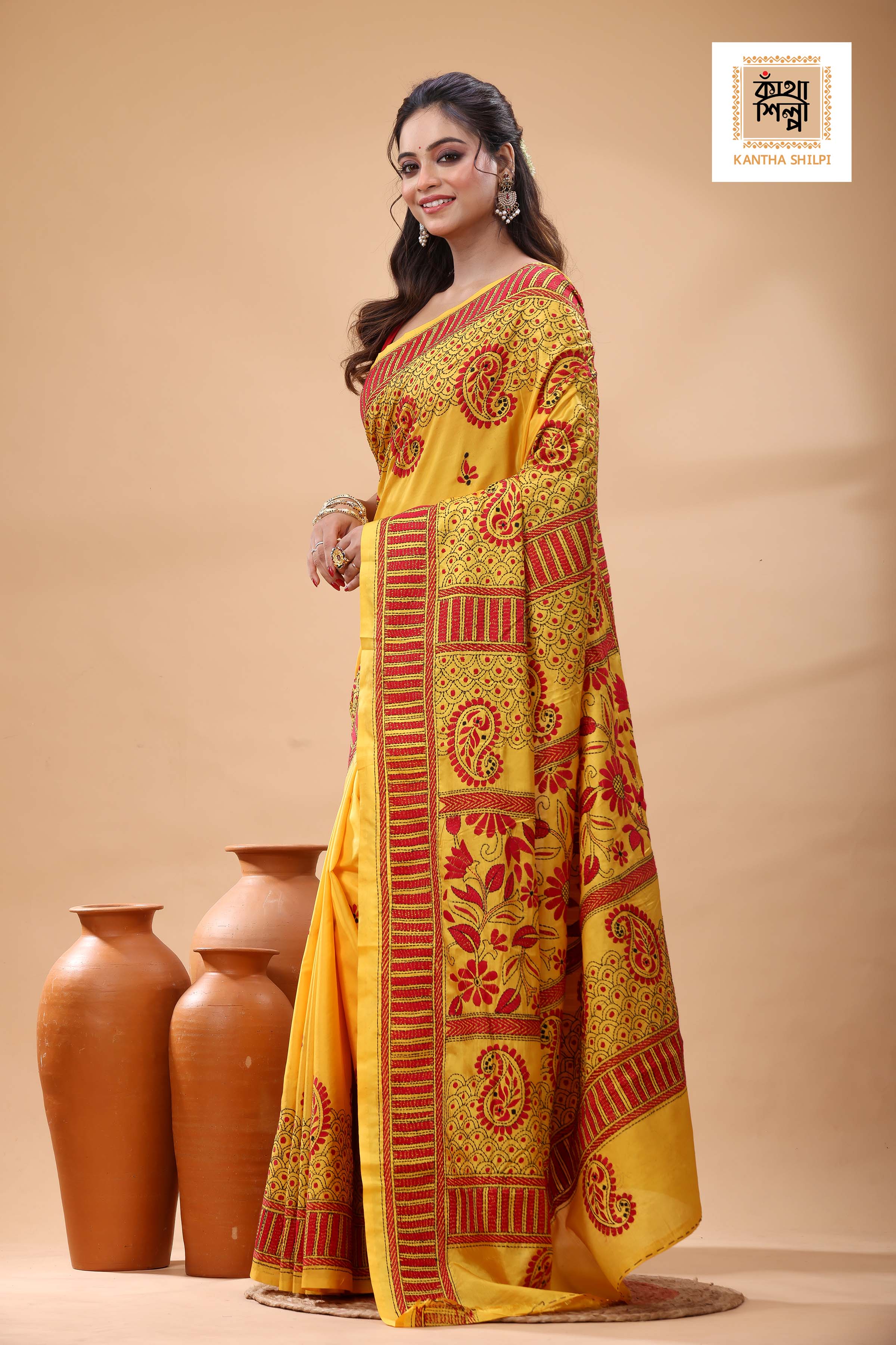 Yellow Color Bangalore Silk Black Red Color Thread Work Kantha Stitch Saree
