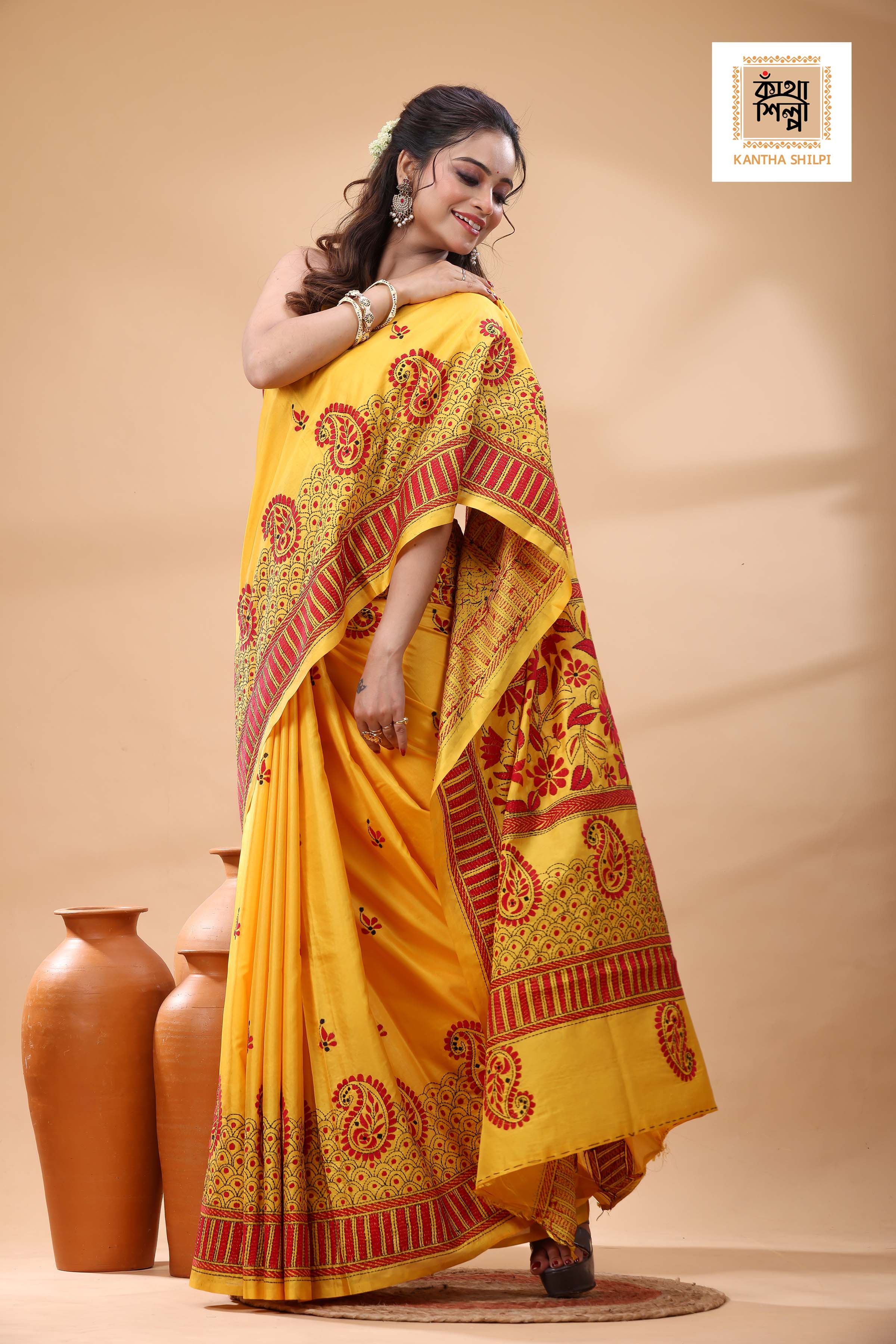 Yellow Color Bangalore Silk Black Red Color Thread Work Kantha Stitch Saree