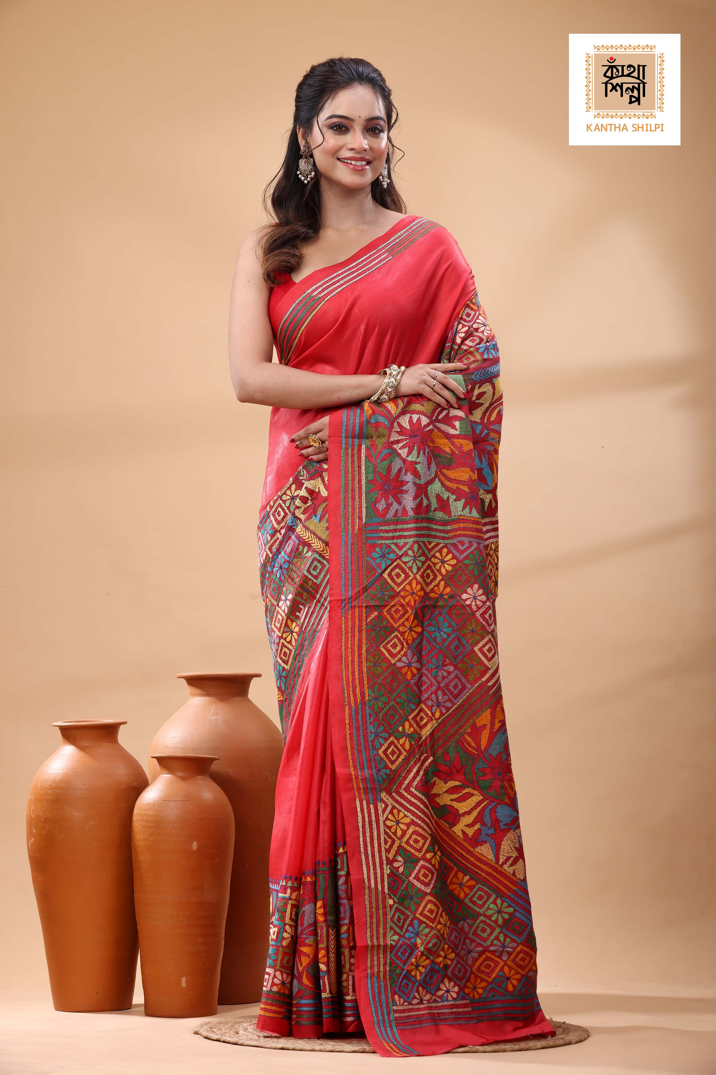 Red Pure Bangalore Silk Multicolor Thread Work Kantha Stitch Saree