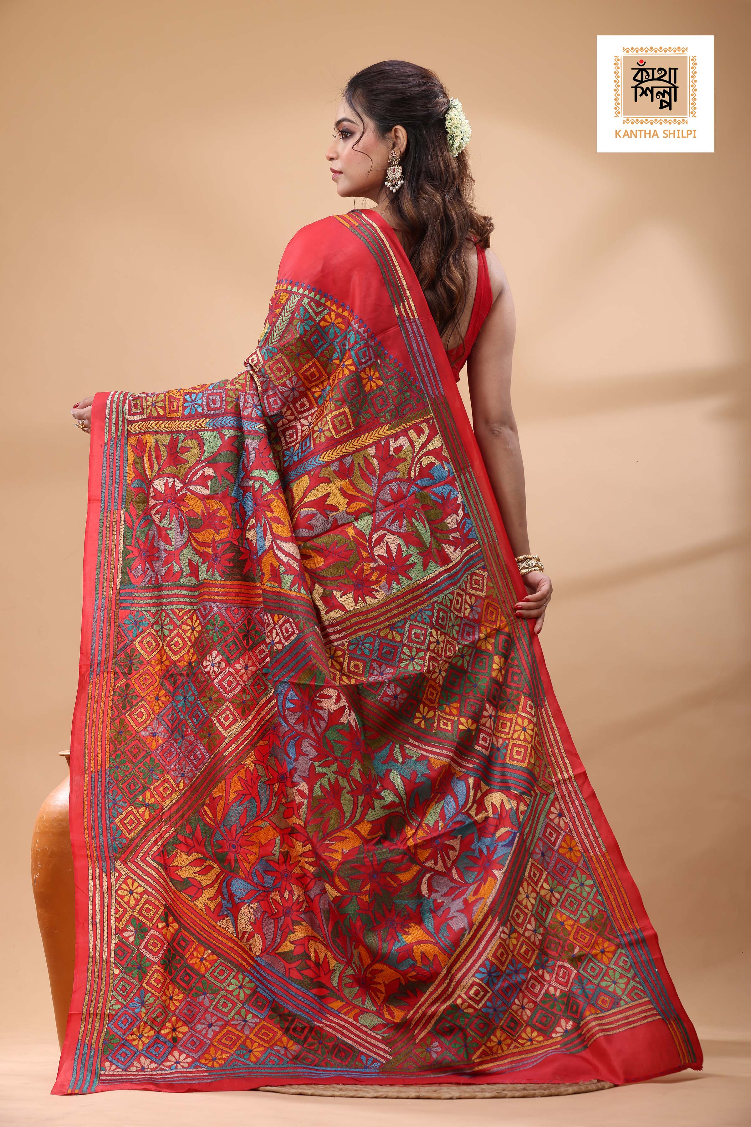 Red Pure Bangalore Silk Multicolor Thread Work Kantha Stitch Saree