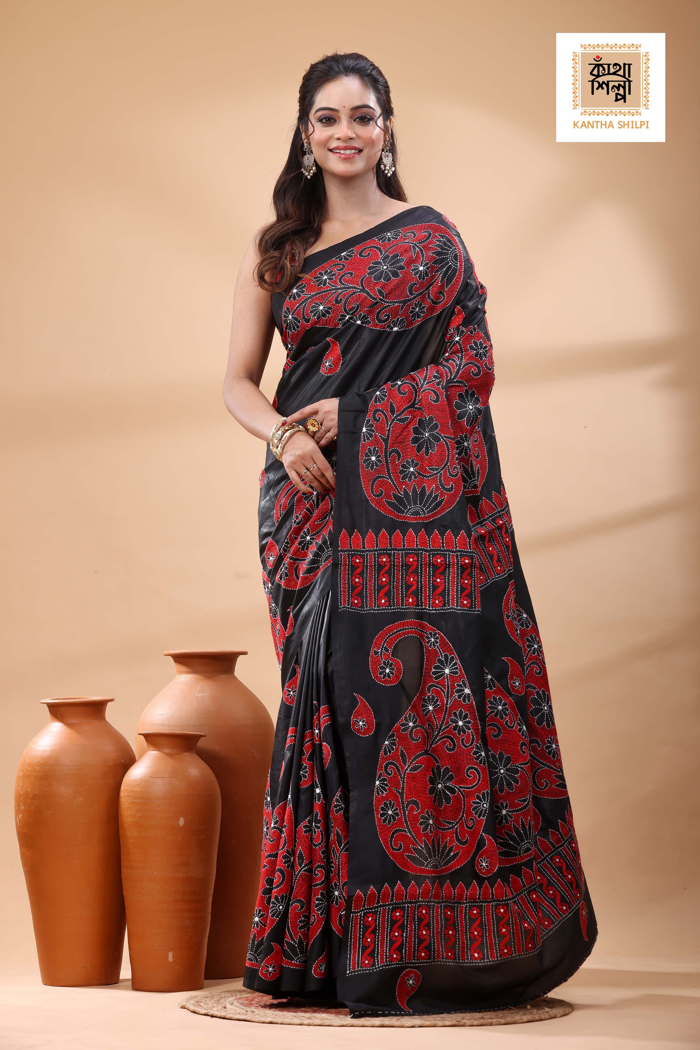 Black Pure Bangalore Silk Red White Color Thread Work Kantha Stitch Saree