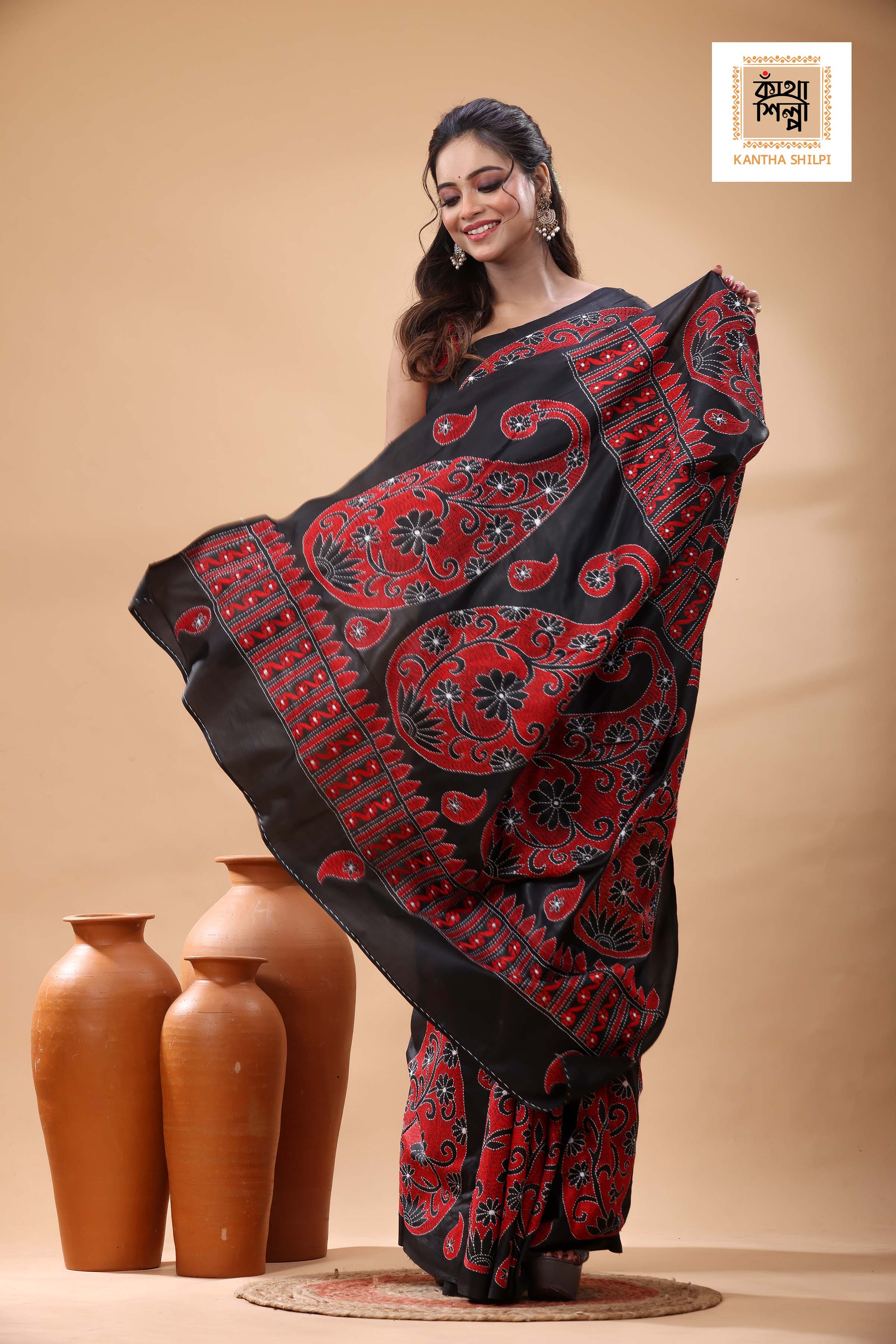 Black Pure Bangalore Silk Red White Color Thread Work Kantha Stitch Saree