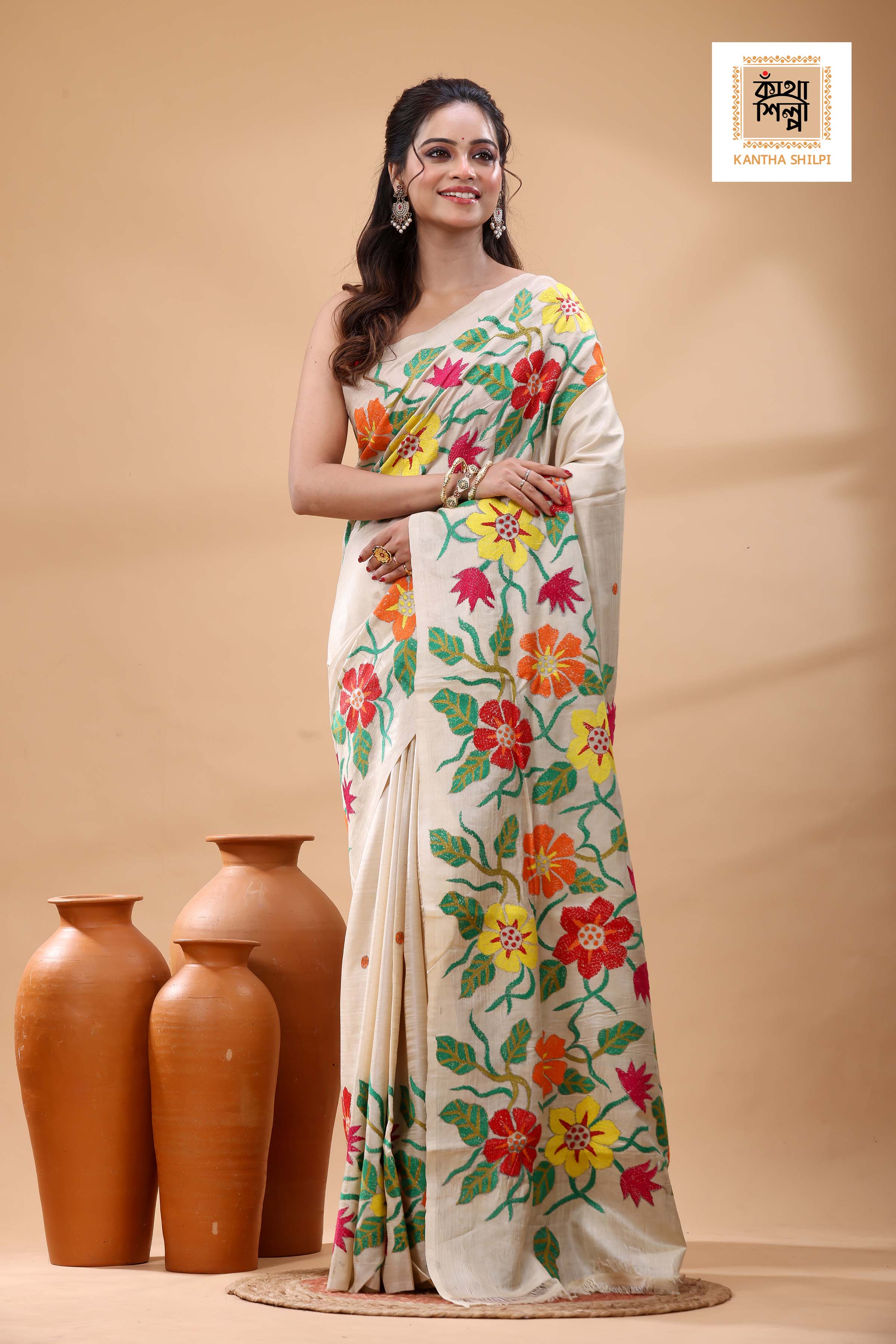 Pure Gachi Tussar Multicolor Thread Work Kantha Stitch Saree