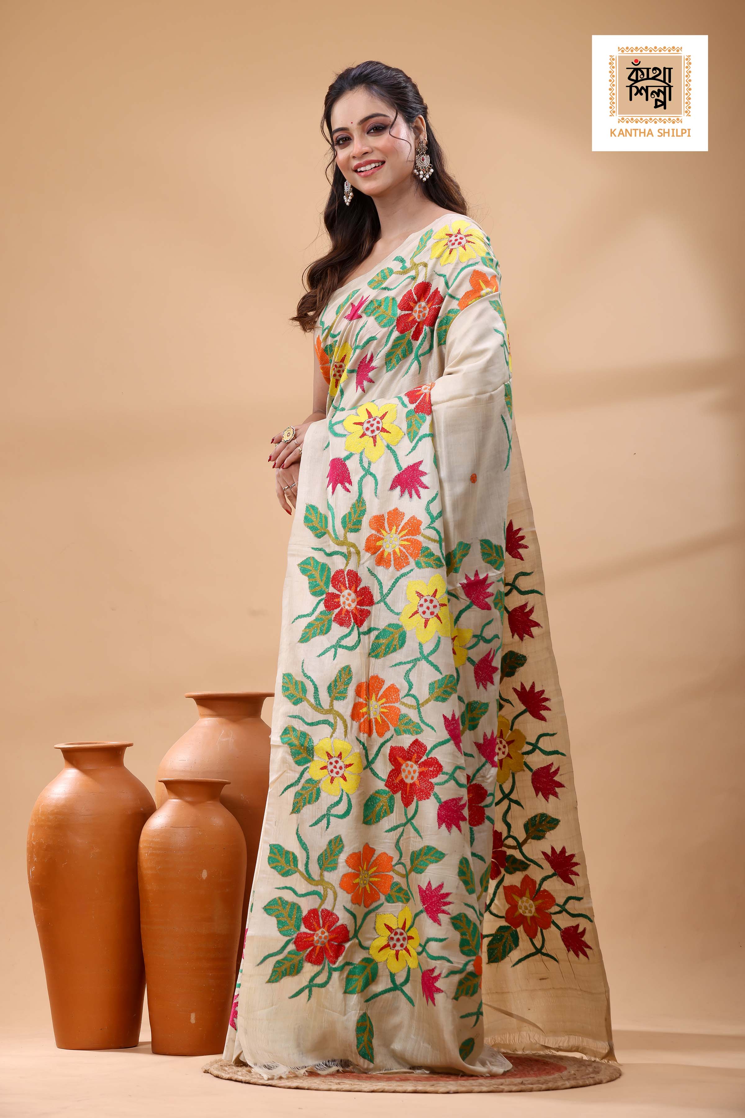 Pure Gachi Tussar Multicolor Thread Work Kantha Stitch Saree
