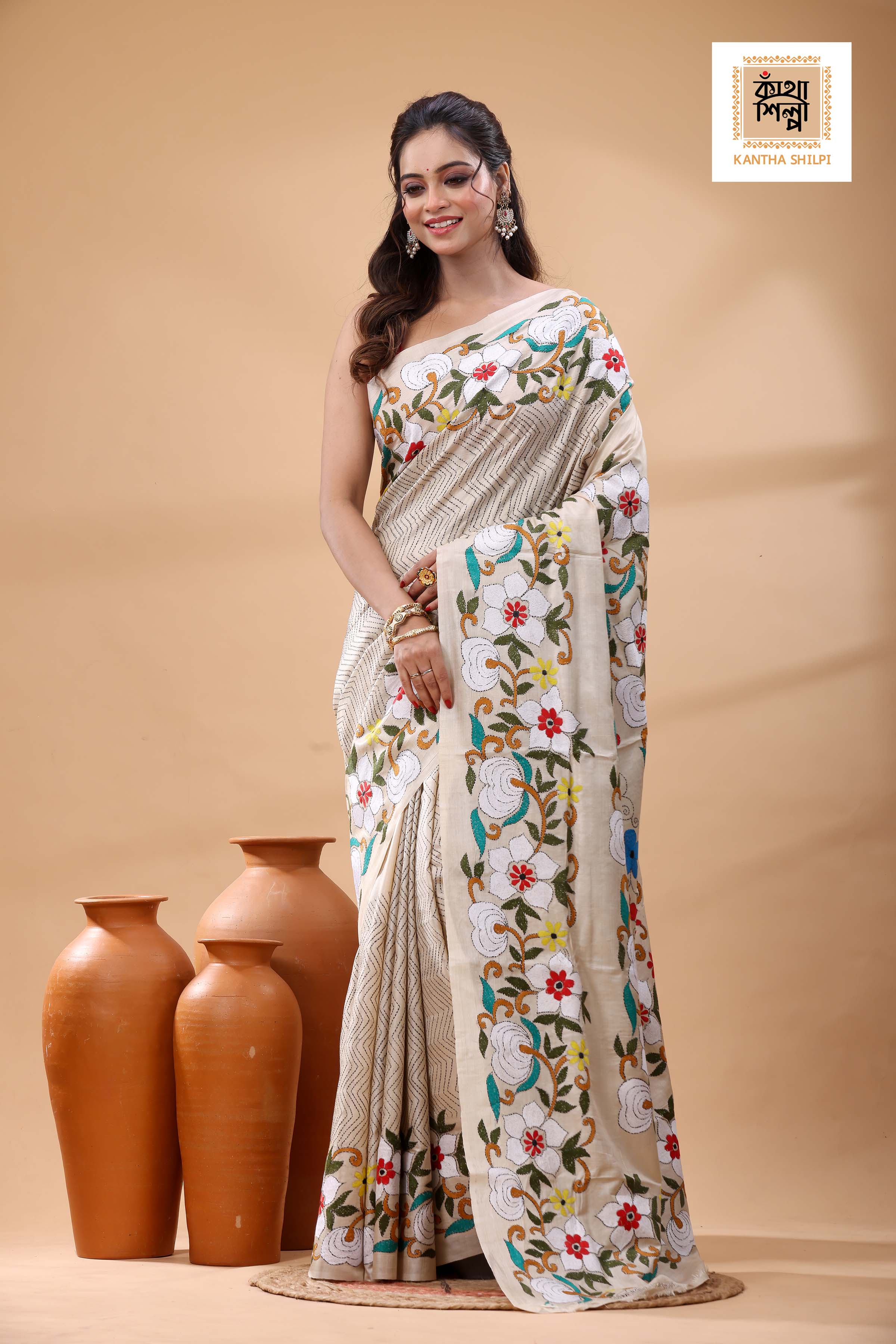Pure Gachi Tussar Multicolor Thread Work Kantha Stitch Saree