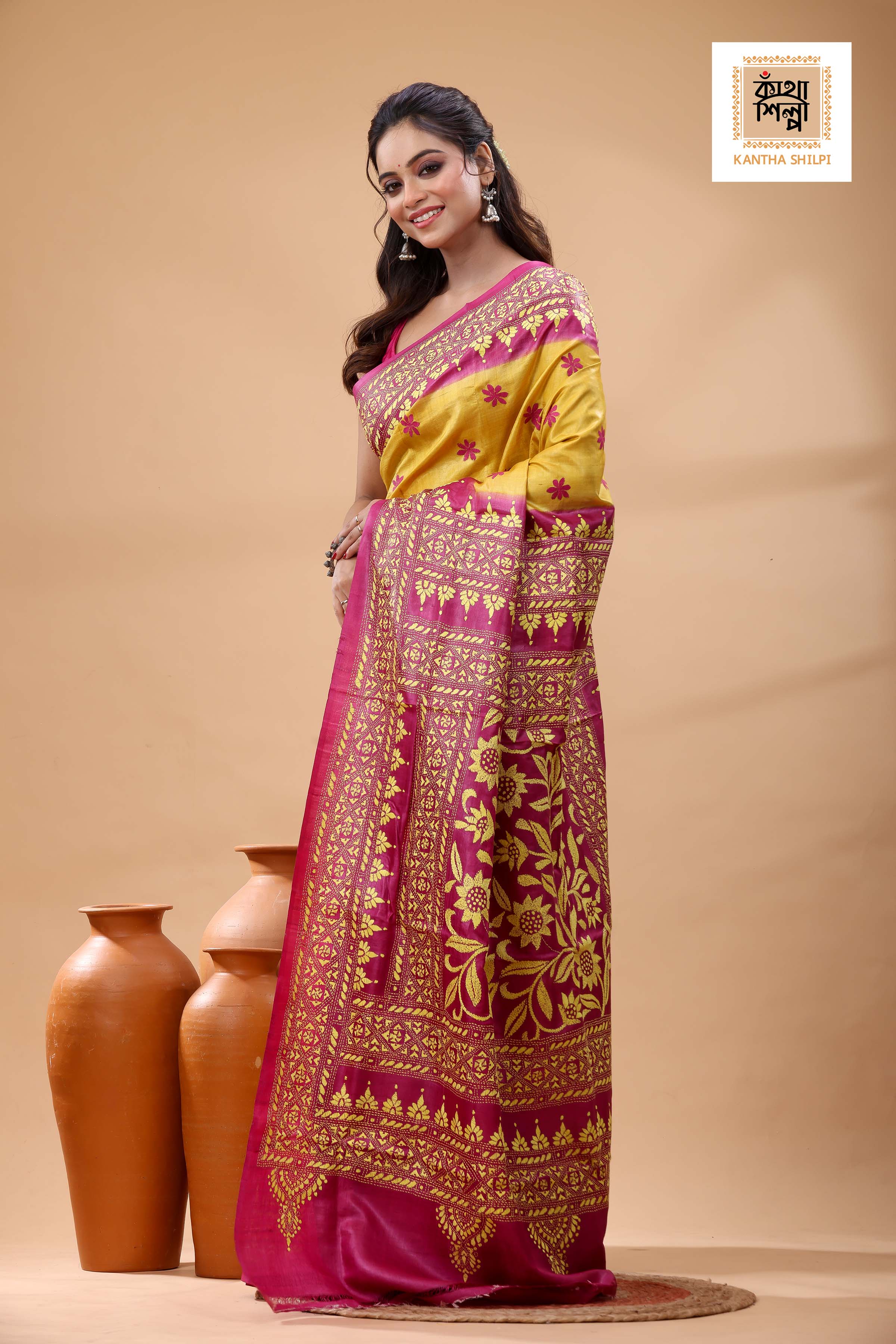 Pure Dye Gachi Tussar Yellow Color Thread Work Kantha Stitch Saree