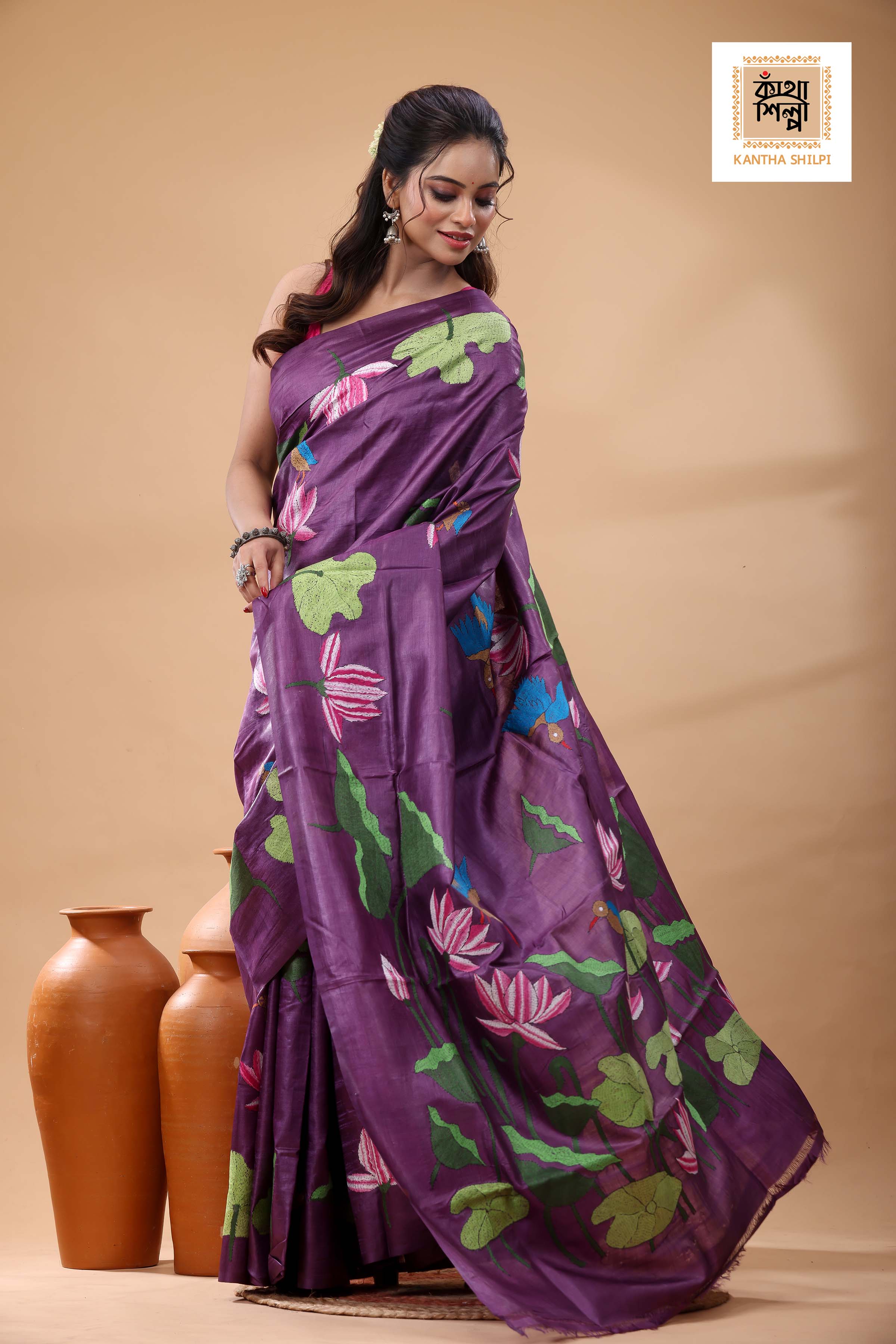 Pure Dye Gachi Tussar Multicolor Thread Work Kantha Stitch Saree