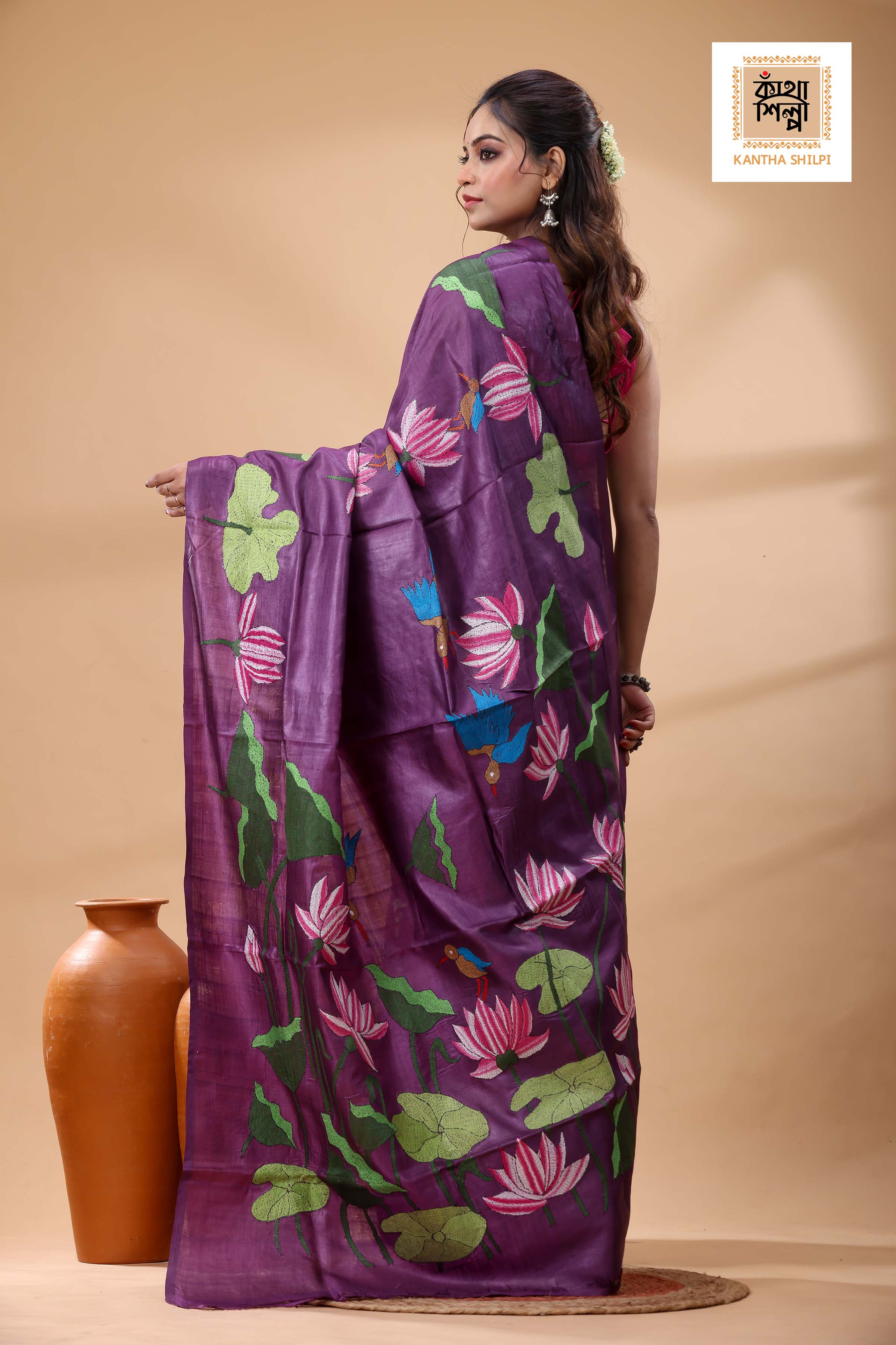 Pure Dye Gachi Tussar Multicolor Thread Work Kantha Stitch Saree