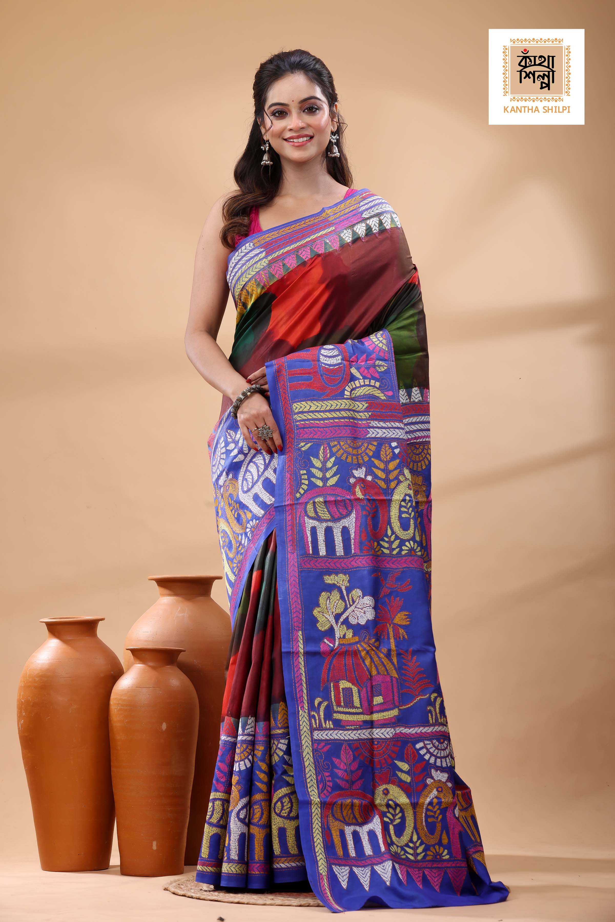 Multicolor Dye Pure Bangalore Silk Multicolor Thread Work Kantha Stitch Saree