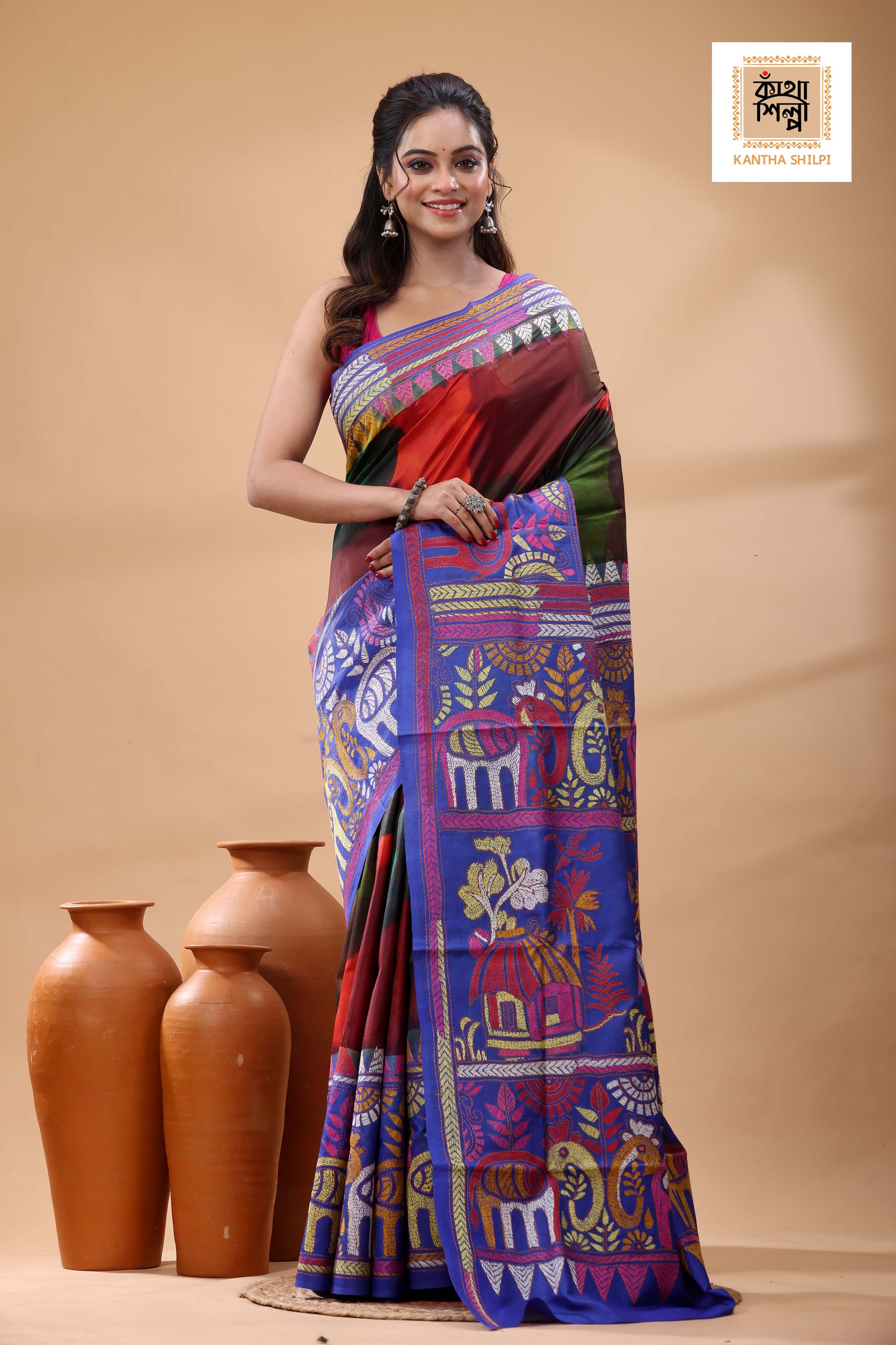 Multicolor Dye Pure Bangalore Silk Multicolor Thread Work Kantha Stitch Saree