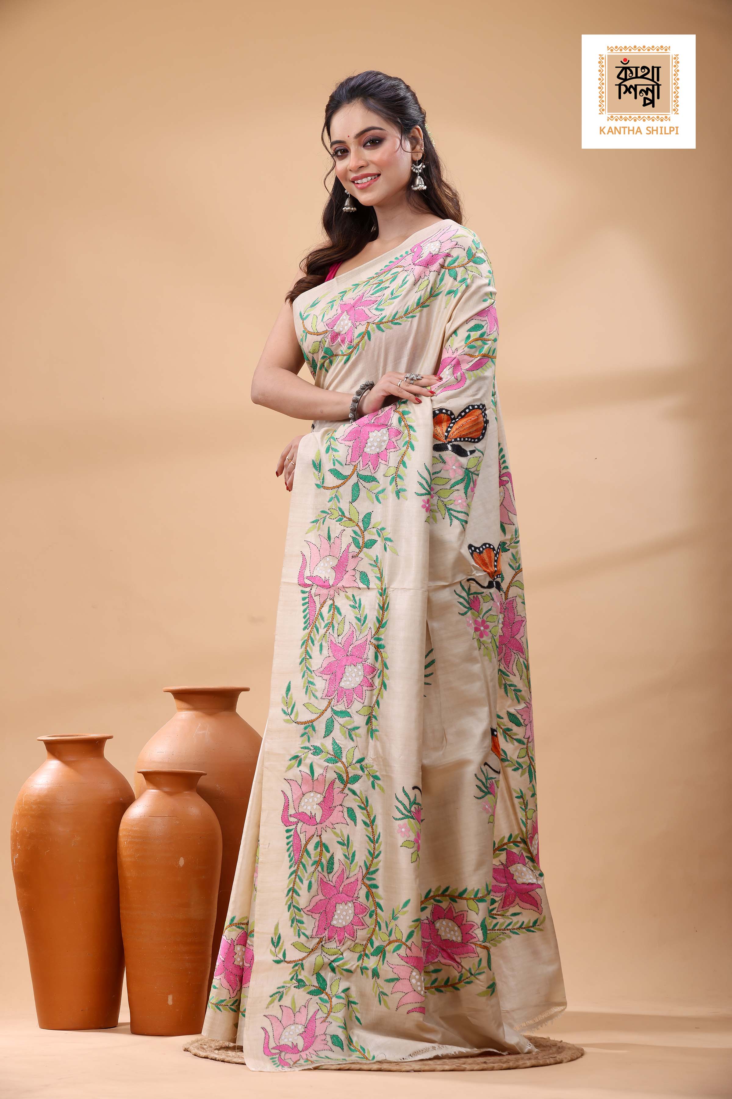 Pure Gachi Tussar Multicolor Thread Work Kantha Stitch Saree