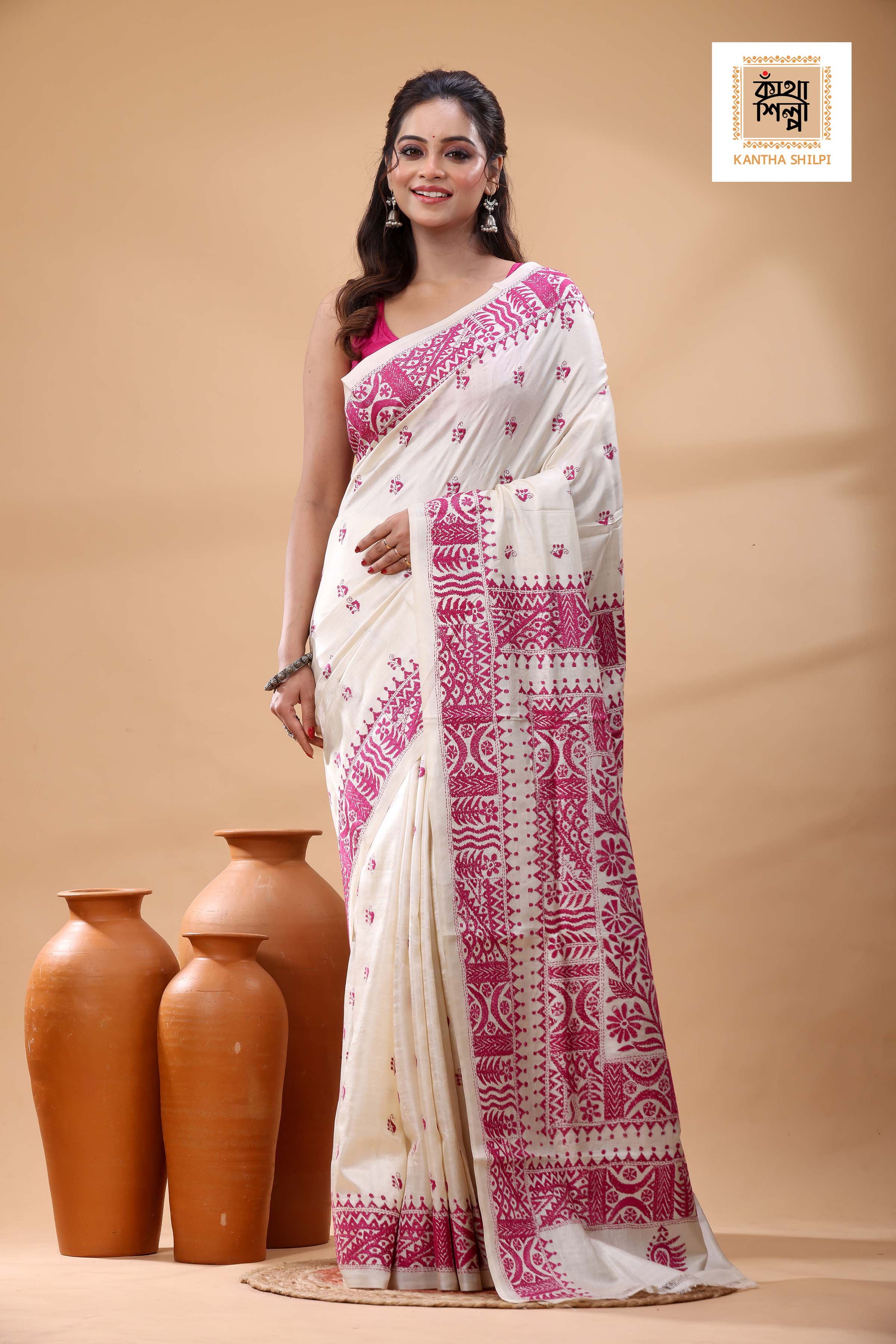 Pure Tussar Pink Color Thread Work Kantha Stitch Saree