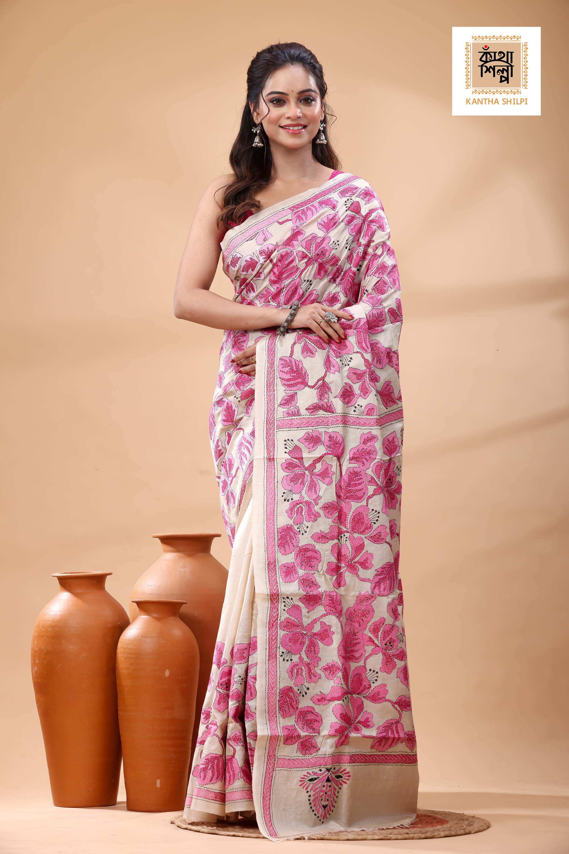 Pure Gachi Tussar Pink Color Thread Work Kantha Stitch Saree