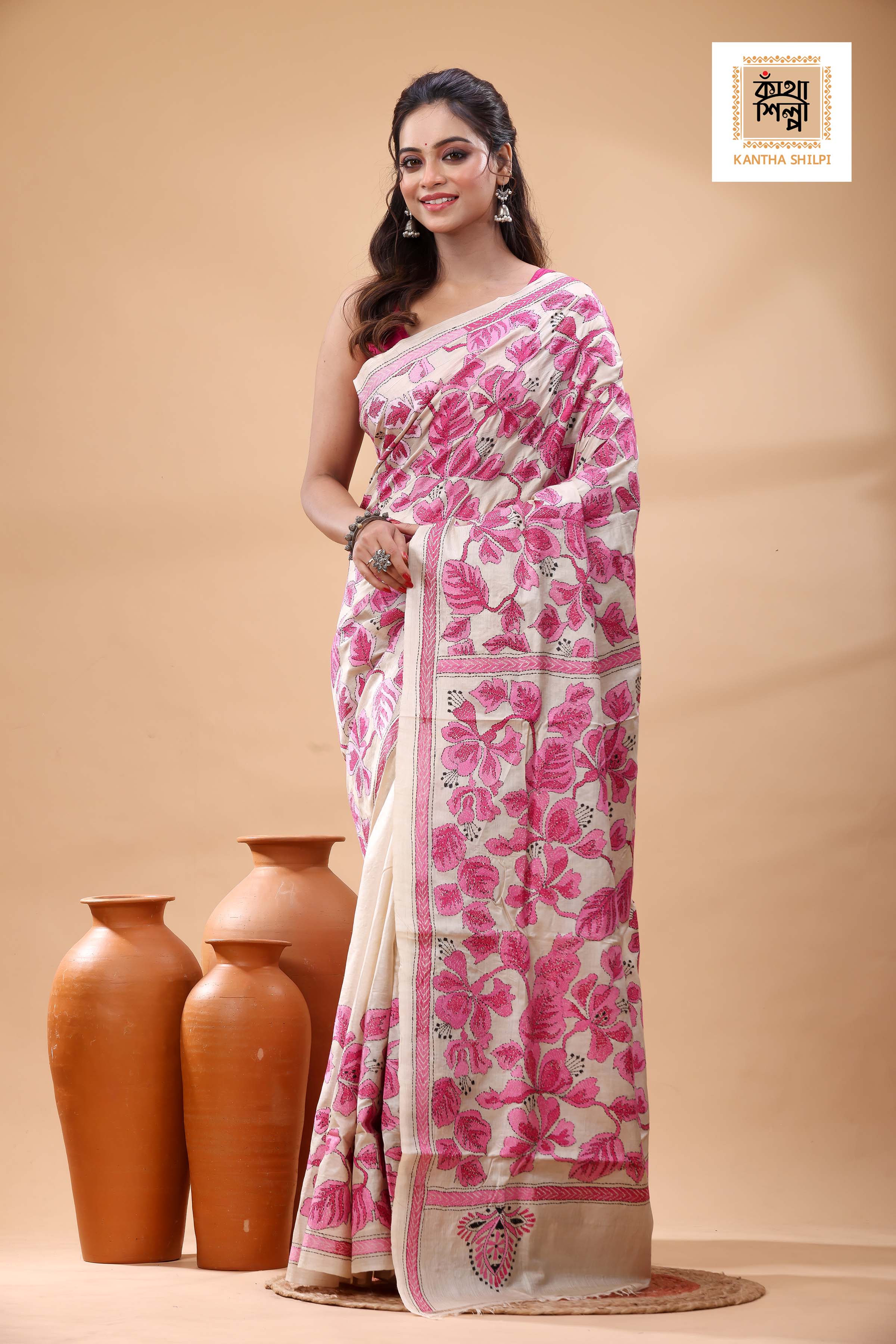 Pure Gachi Tussar Pink Color Thread Work Kantha Stitch Saree