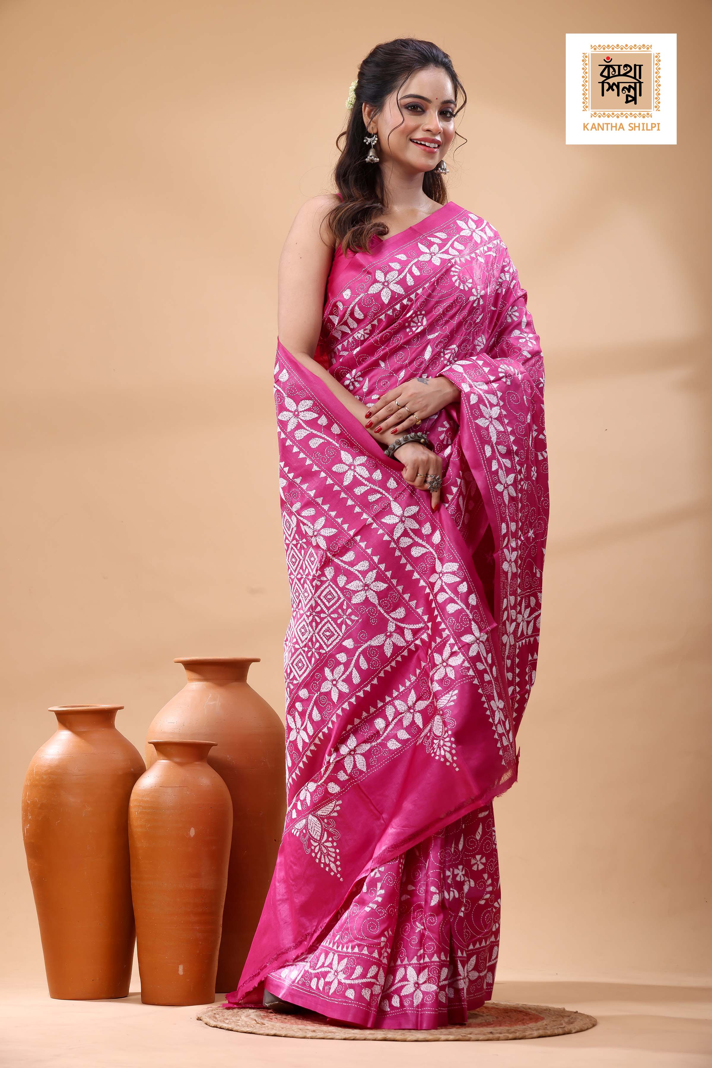 Pure Pink Dye Gachi Tussar White Color Thread Work Kantha Stitch Saree