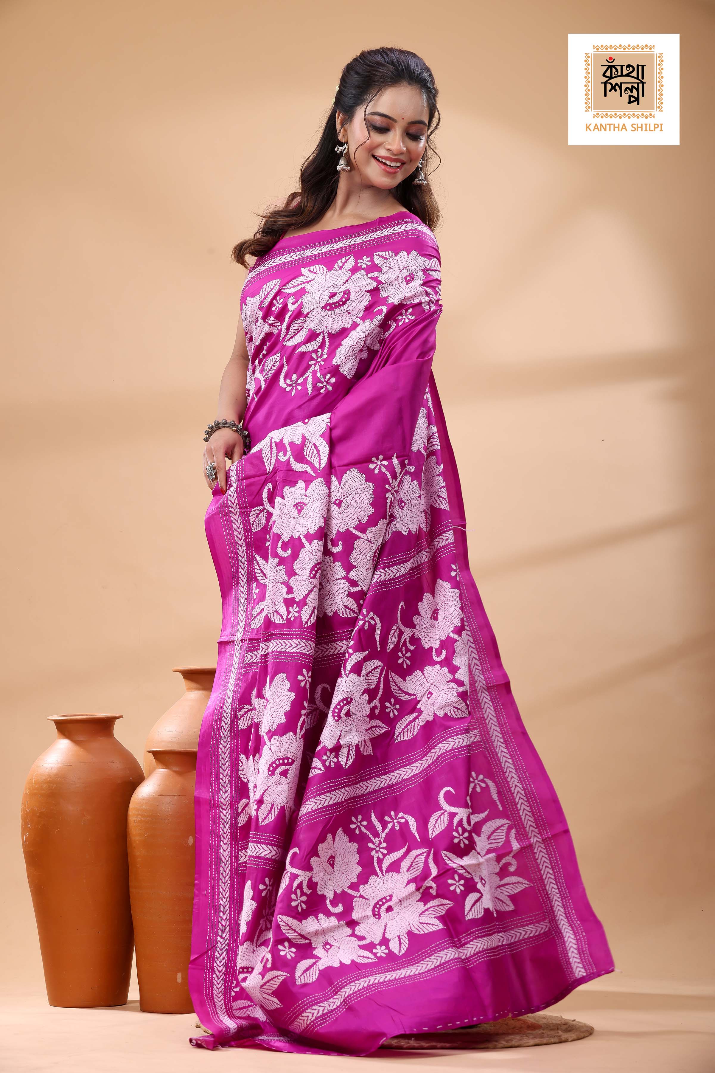 Pure Pink Dye Gachi Tussar White Color Thread Work Kantha Stitch Saree