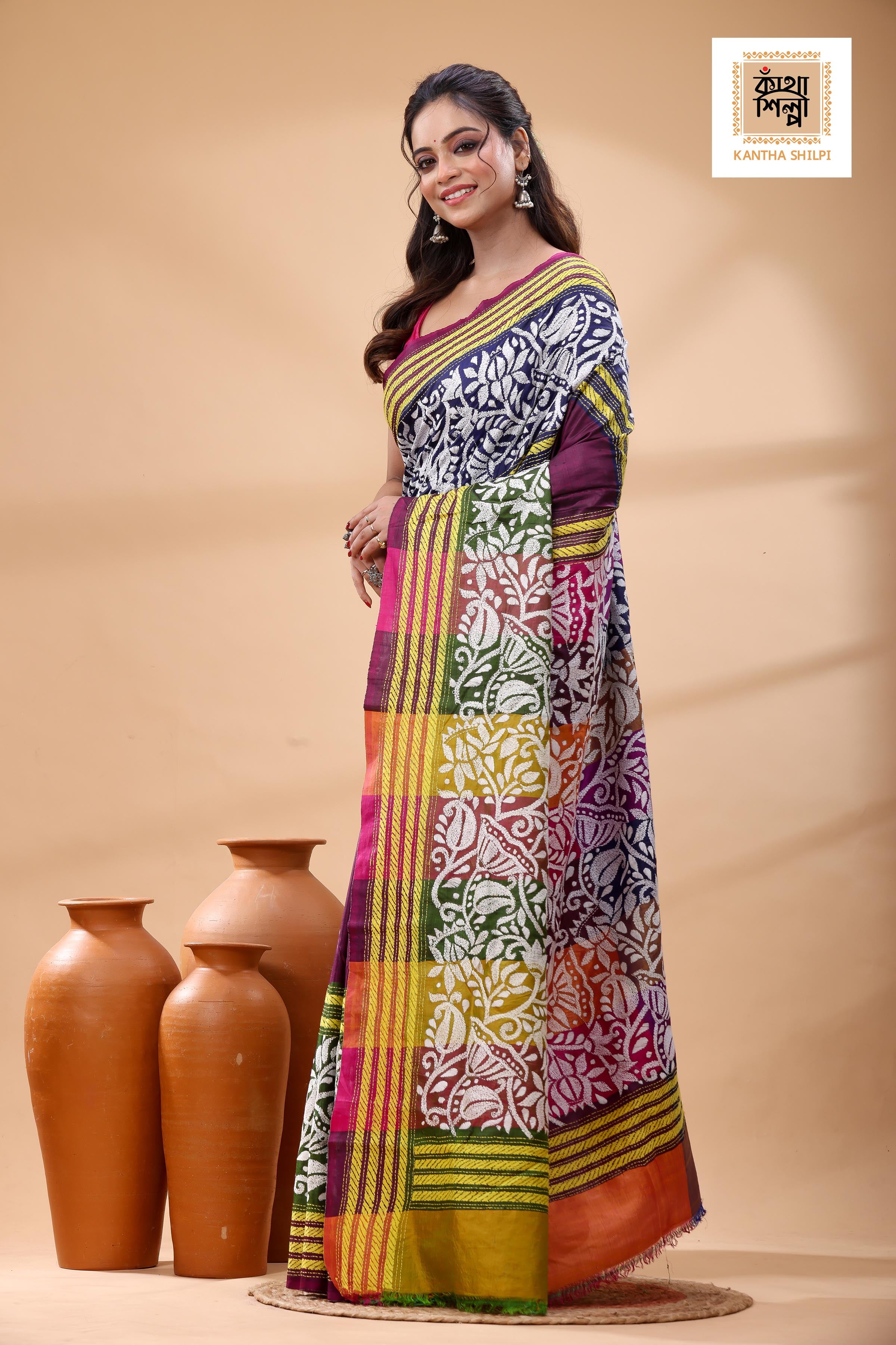 Bishnupuri (Katan) Silk Kantha Stitch Saree