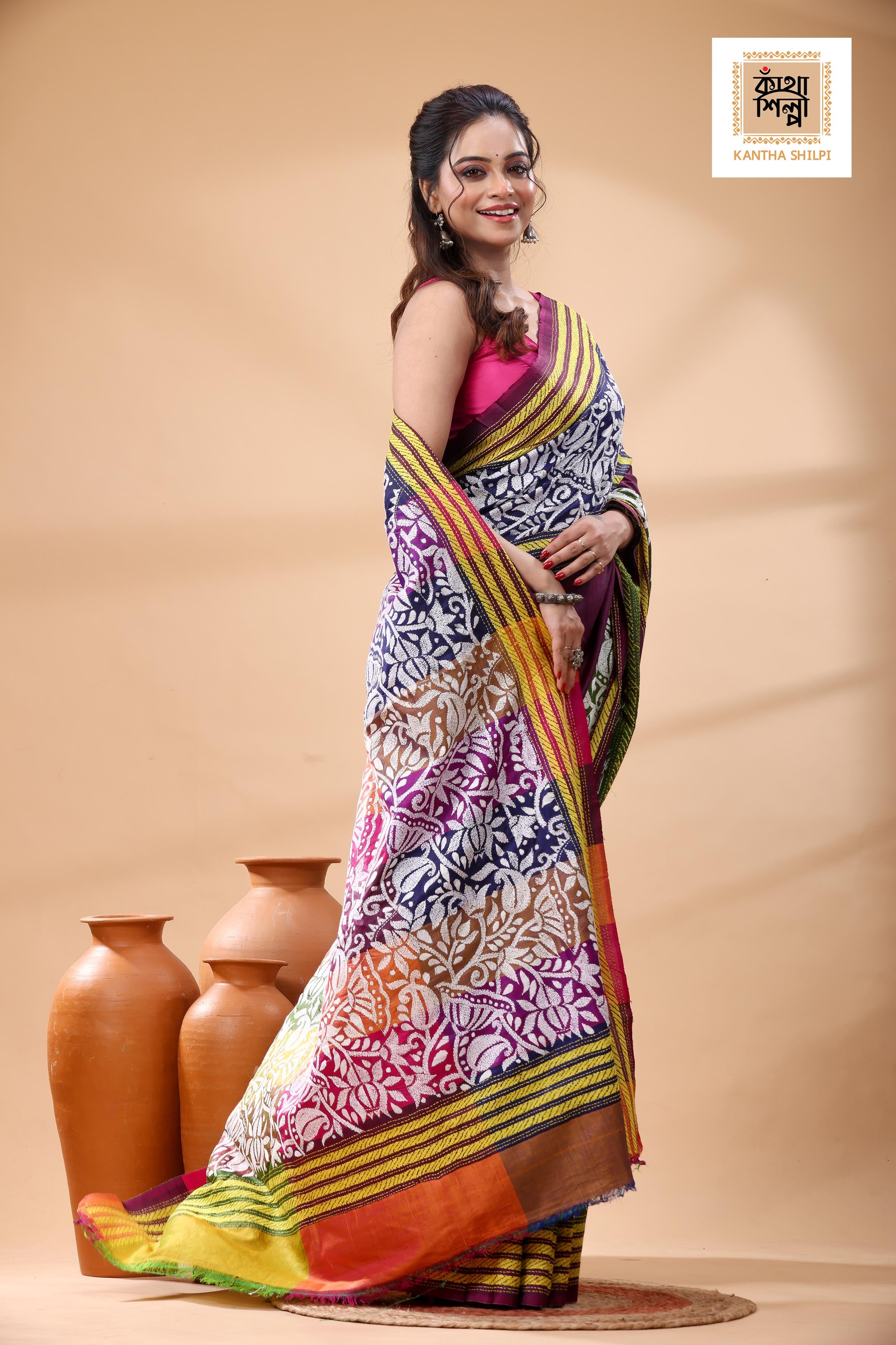 Bishnupuri (Katan) Silk Kantha Stitch Saree