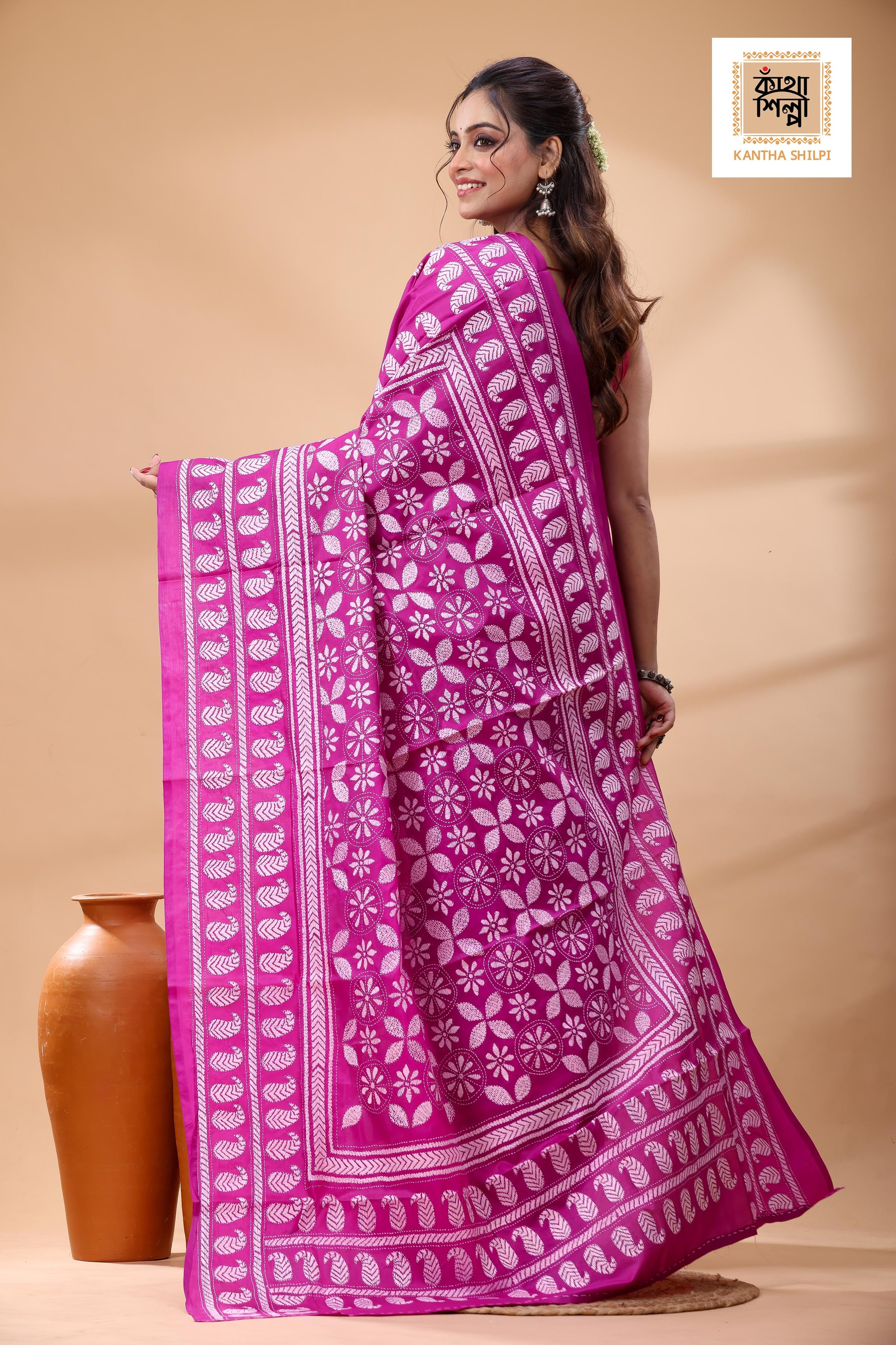 Pink Pure Bangalore Silk White Color Thread Work Kantha Stitch Saree