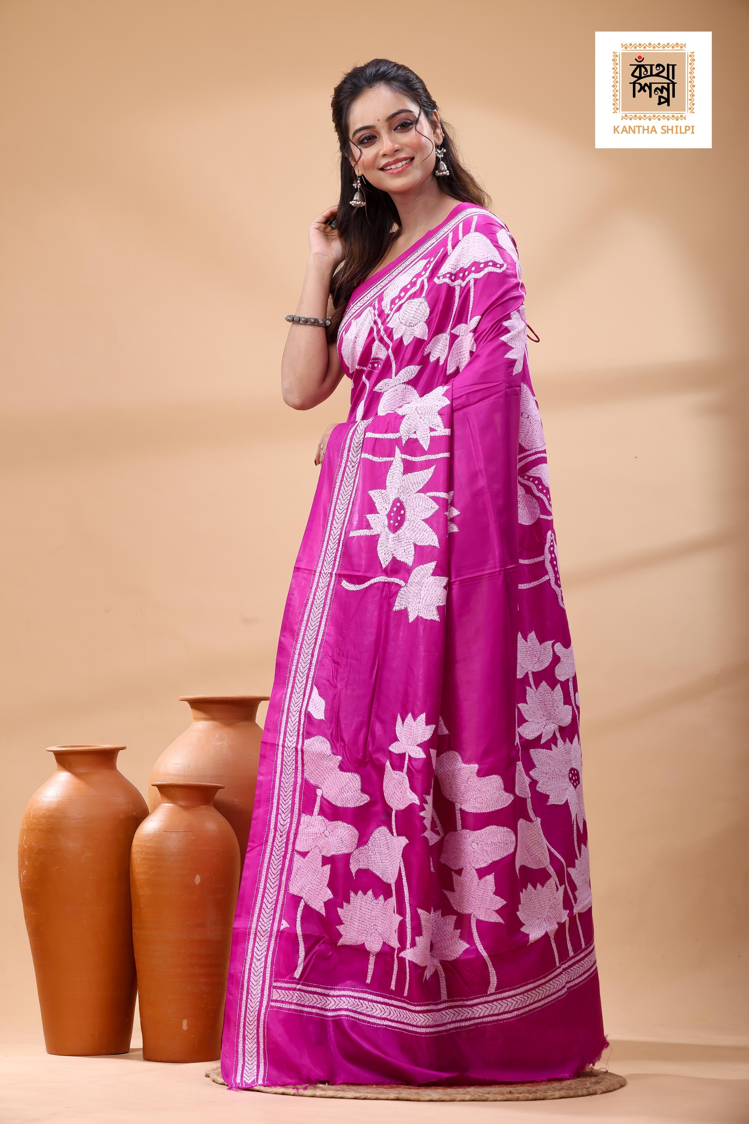 Pink Pure Bangalore Silk White Color Thread Work Kantha Stitch Saree
