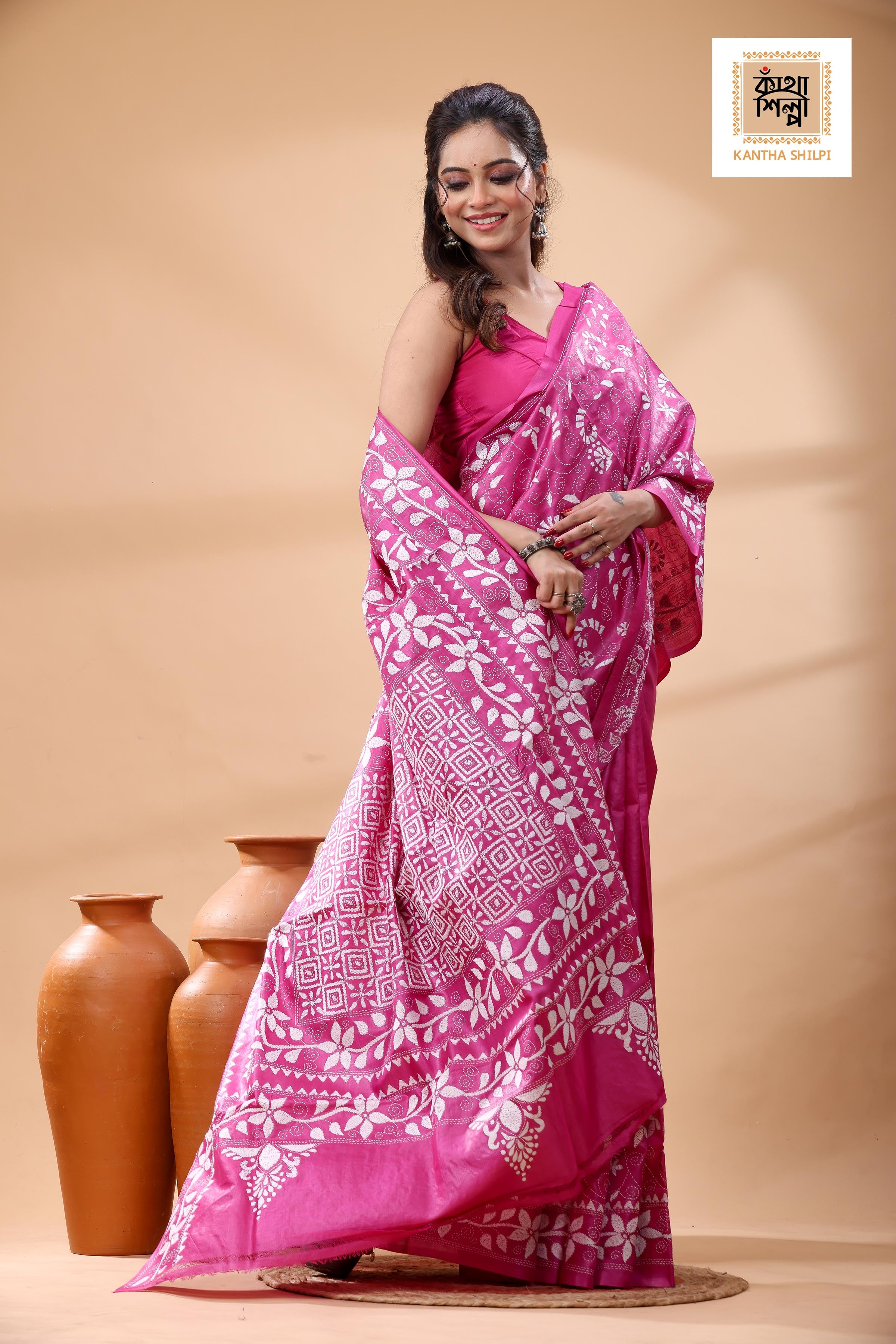 Pure Pink Dye Gachi Tussar White Color Thread Work Kantha Stitch Saree