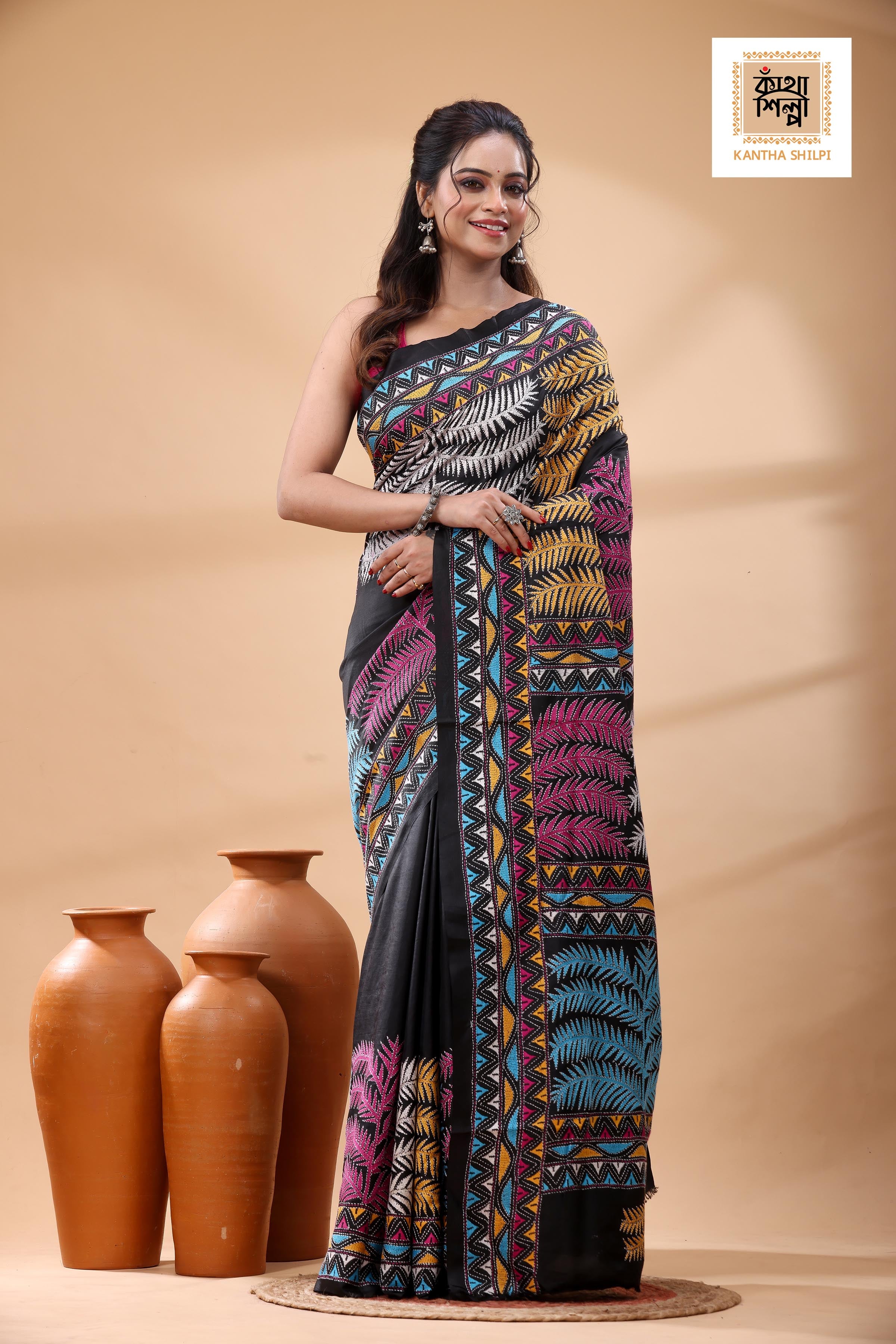 Black Pure Bangalore Silk Multicolor Thread Work Kantha Stitch Saree
