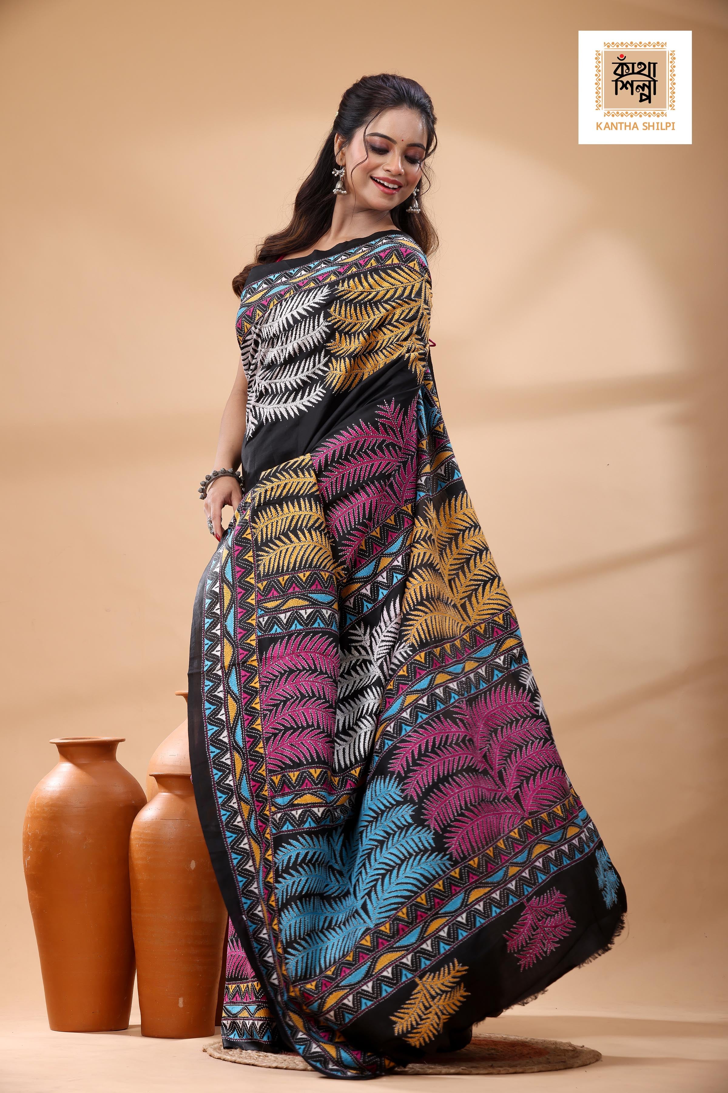 Black Pure Bangalore Silk Multicolor Thread Work Kantha Stitch Saree