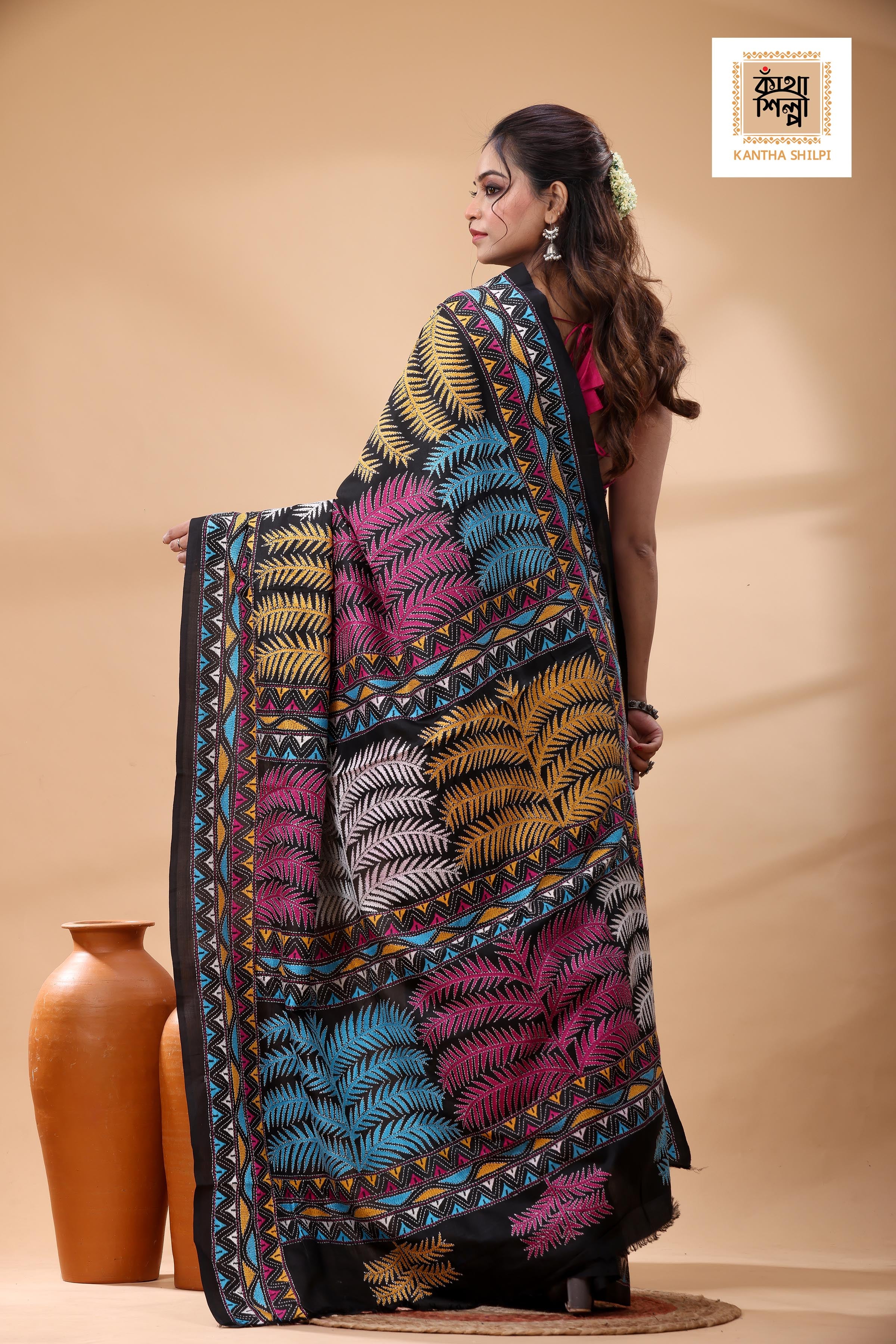 Black Pure Bangalore Silk Multicolor Thread Work Kantha Stitch Saree