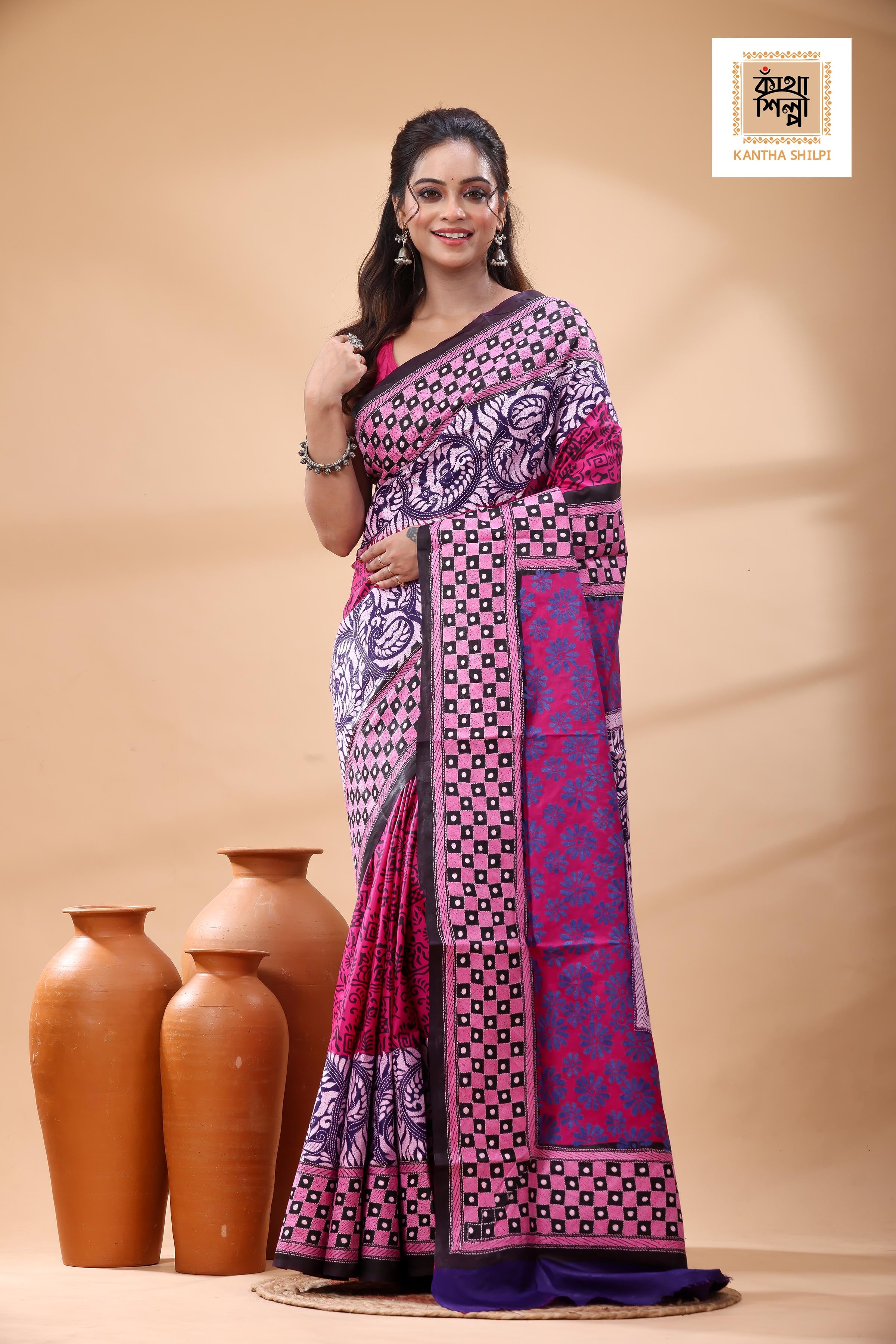 Multicolor Dye Pure Bangalore Silk Multicolor Thread Work Kantha Stitch Saree