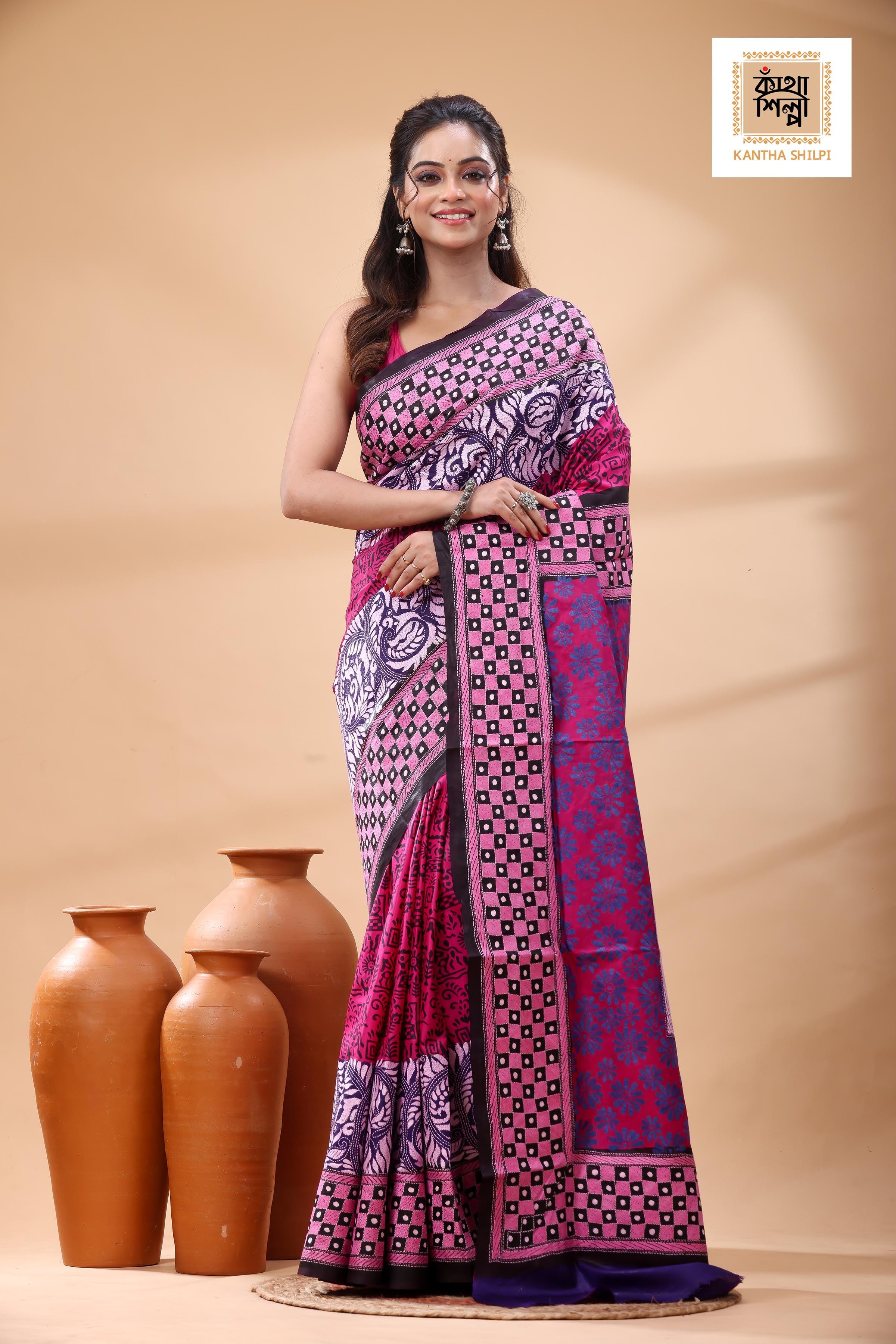 Multicolor Dye Pure Bangalore Silk Multicolor Thread Work Kantha Stitch Saree