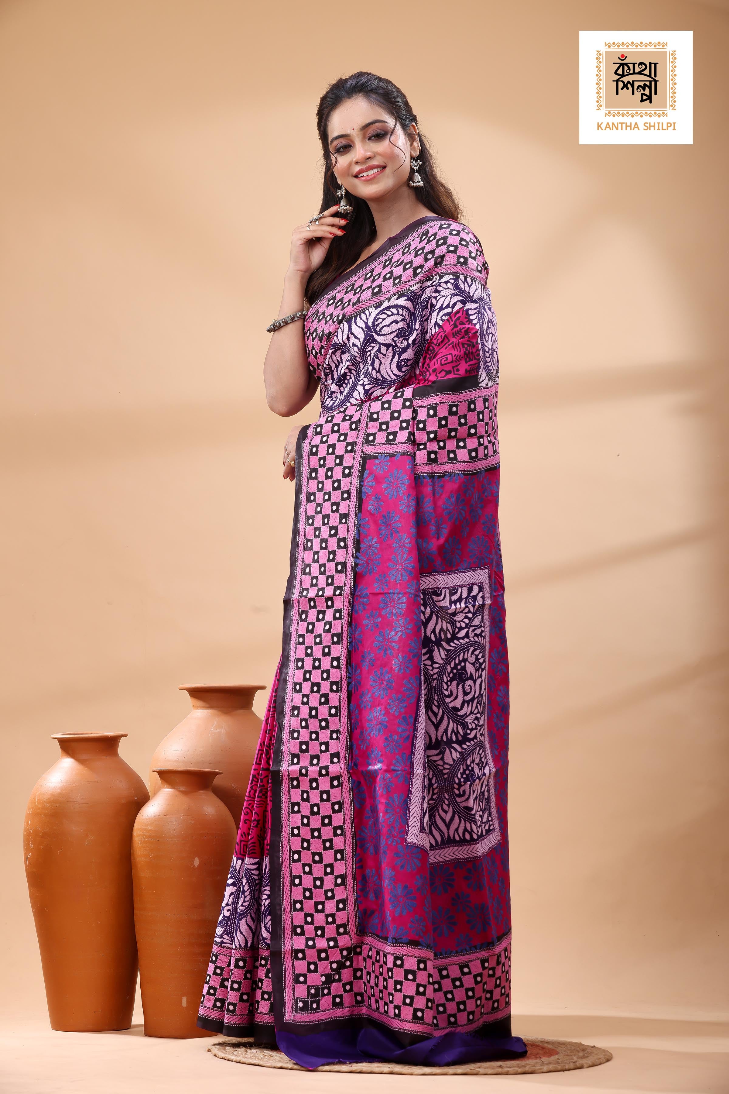 Multicolor Dye Pure Bangalore Silk Multicolor Thread Work Kantha Stitch Saree