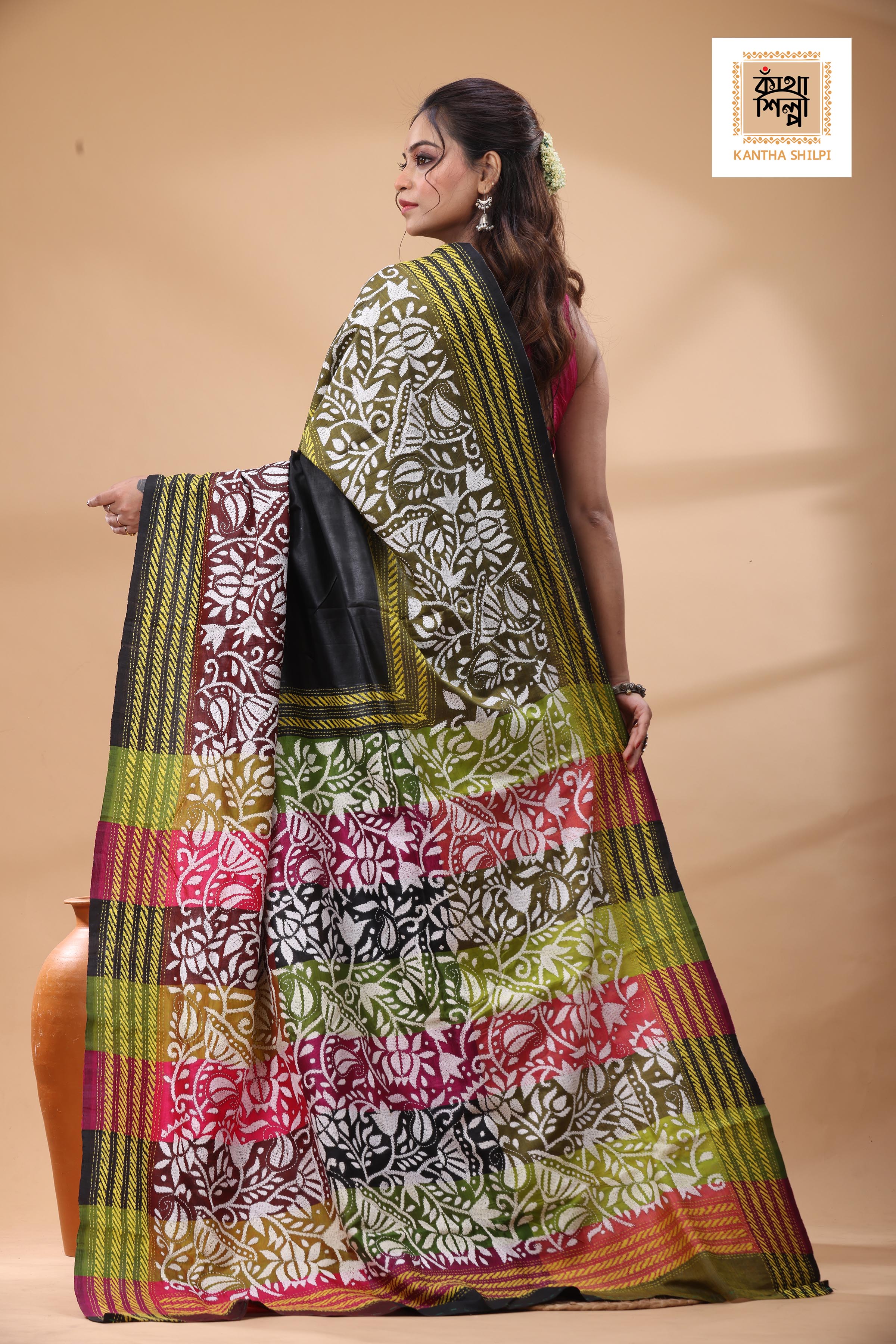 Bishnupuri (Katan) Silk Kantha Stitch Saree