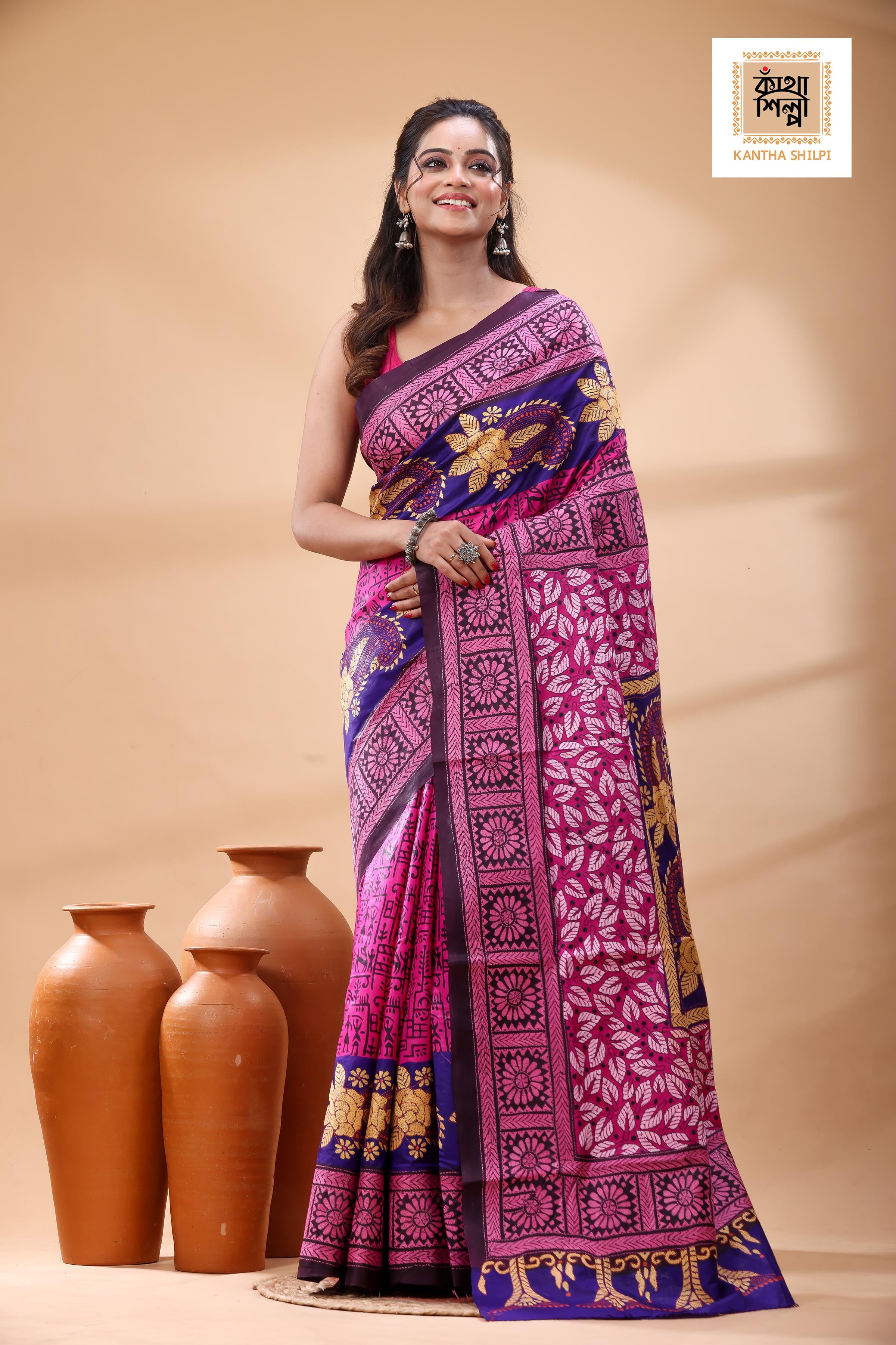 Multicolor Dye Pure Bangalore Silk Multicolor Thread Work Kantha Stitch Saree