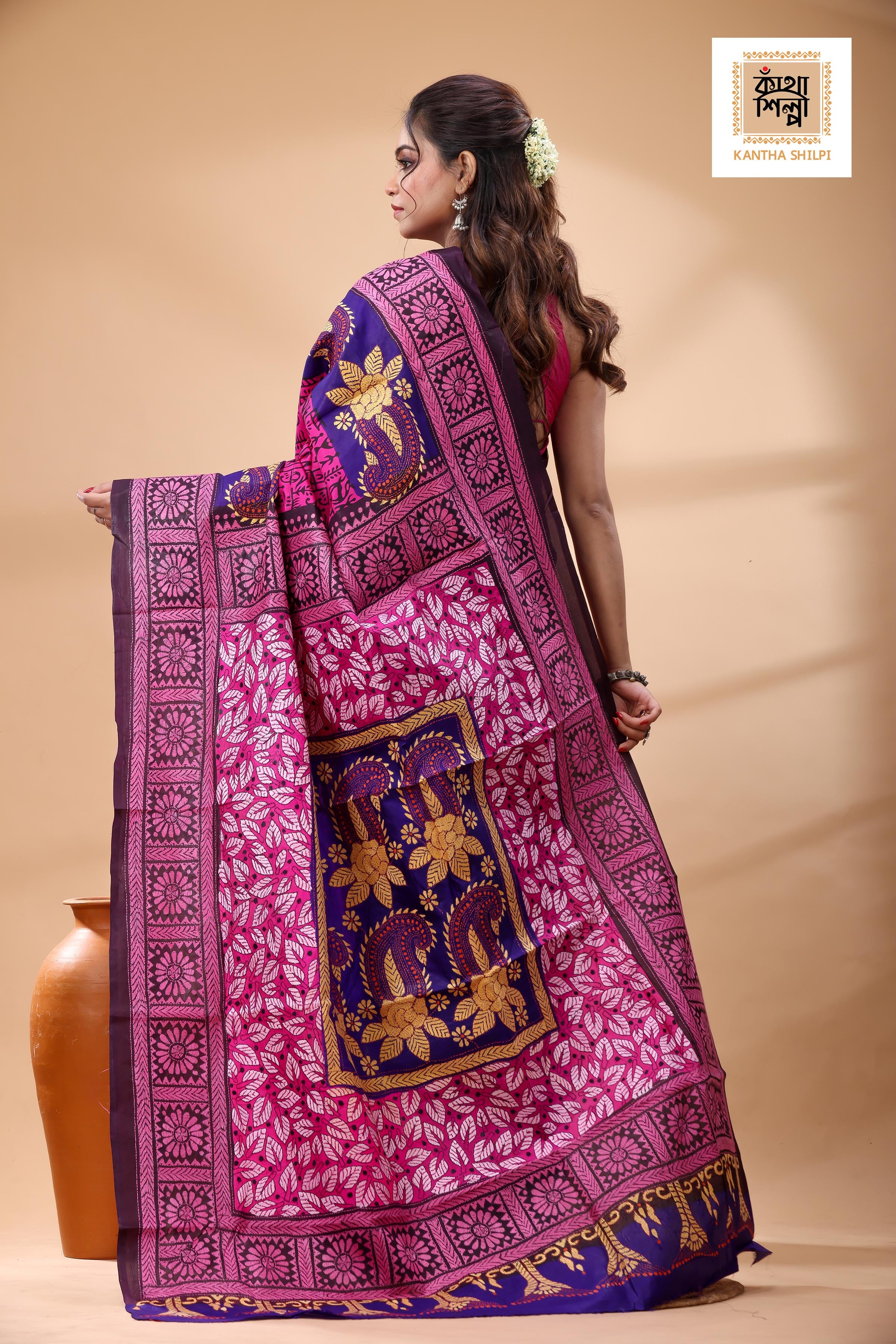 Multicolor Dye Pure Bangalore Silk Multicolor Thread Work Kantha Stitch Saree