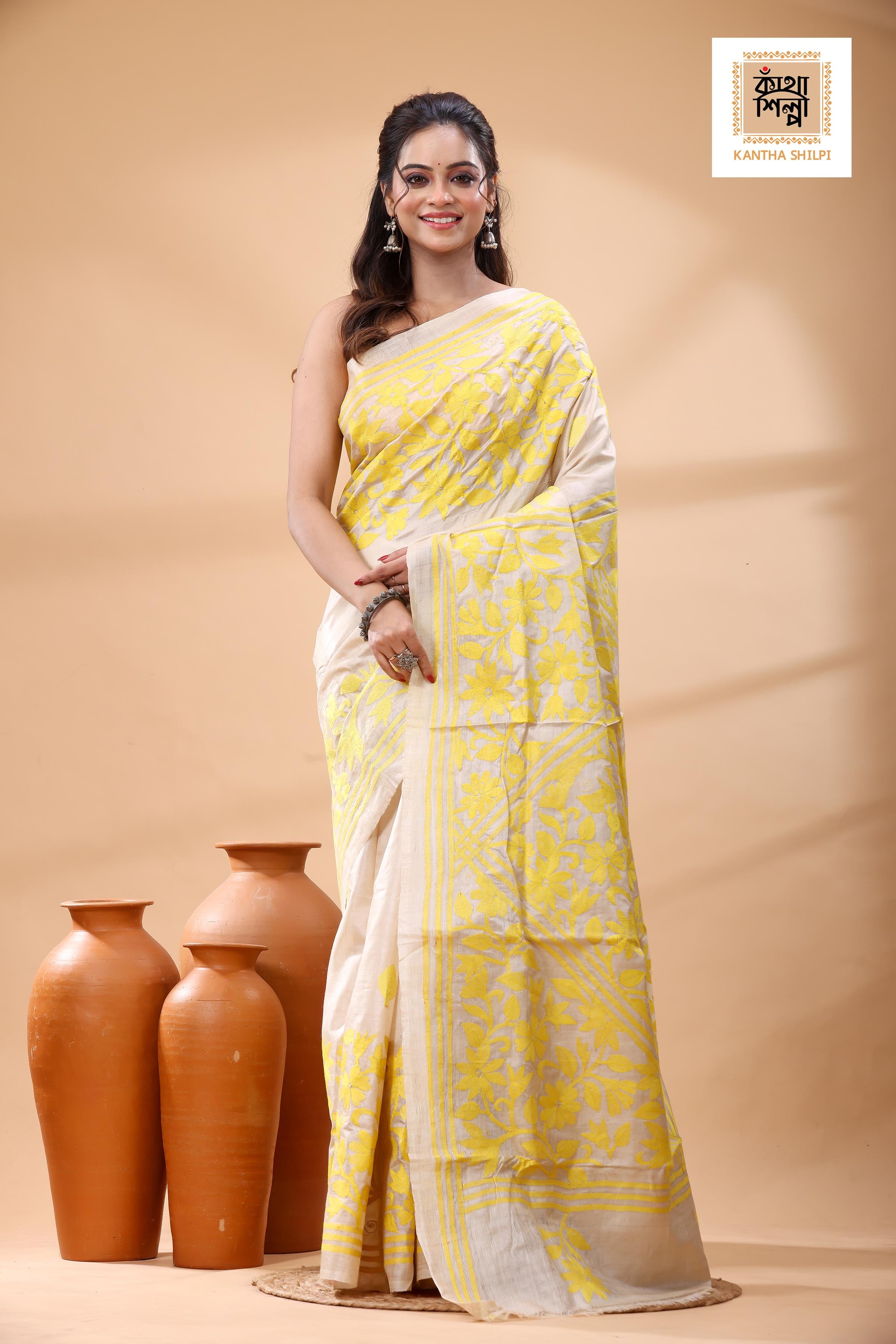 Pure Gachi Tussar Yellow Color Thread Work Kantha Stitch Saree