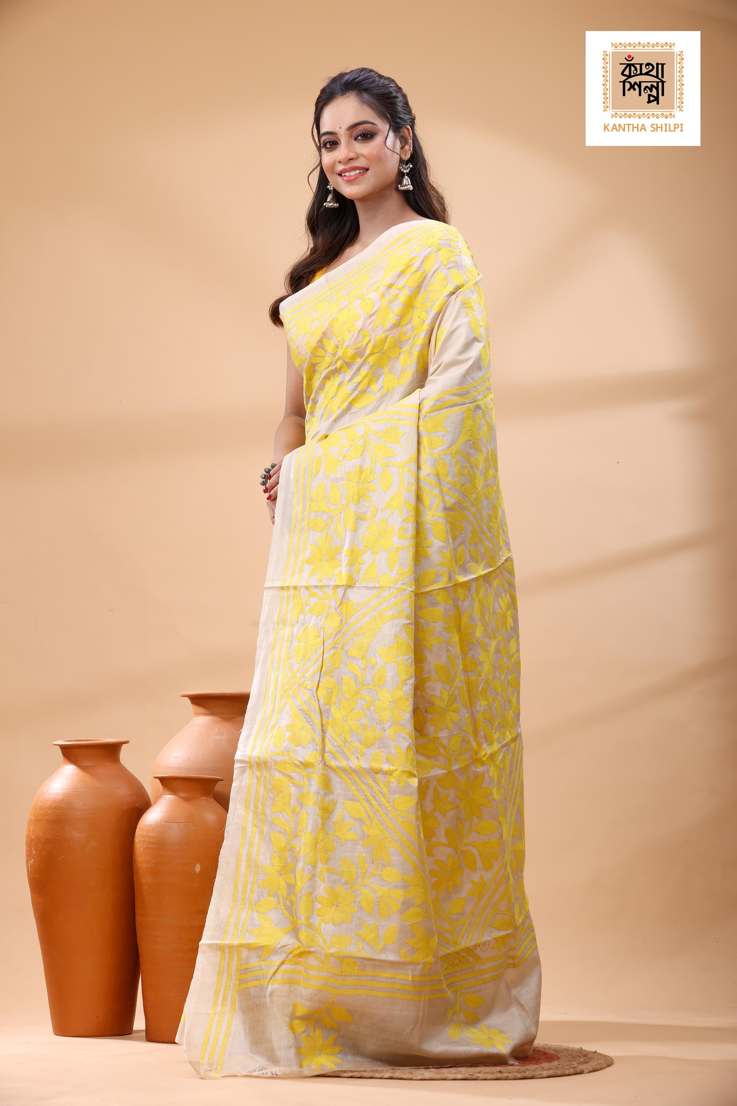Pure Gachi Tussar Yellow Color Thread Work Kantha Stitch Saree