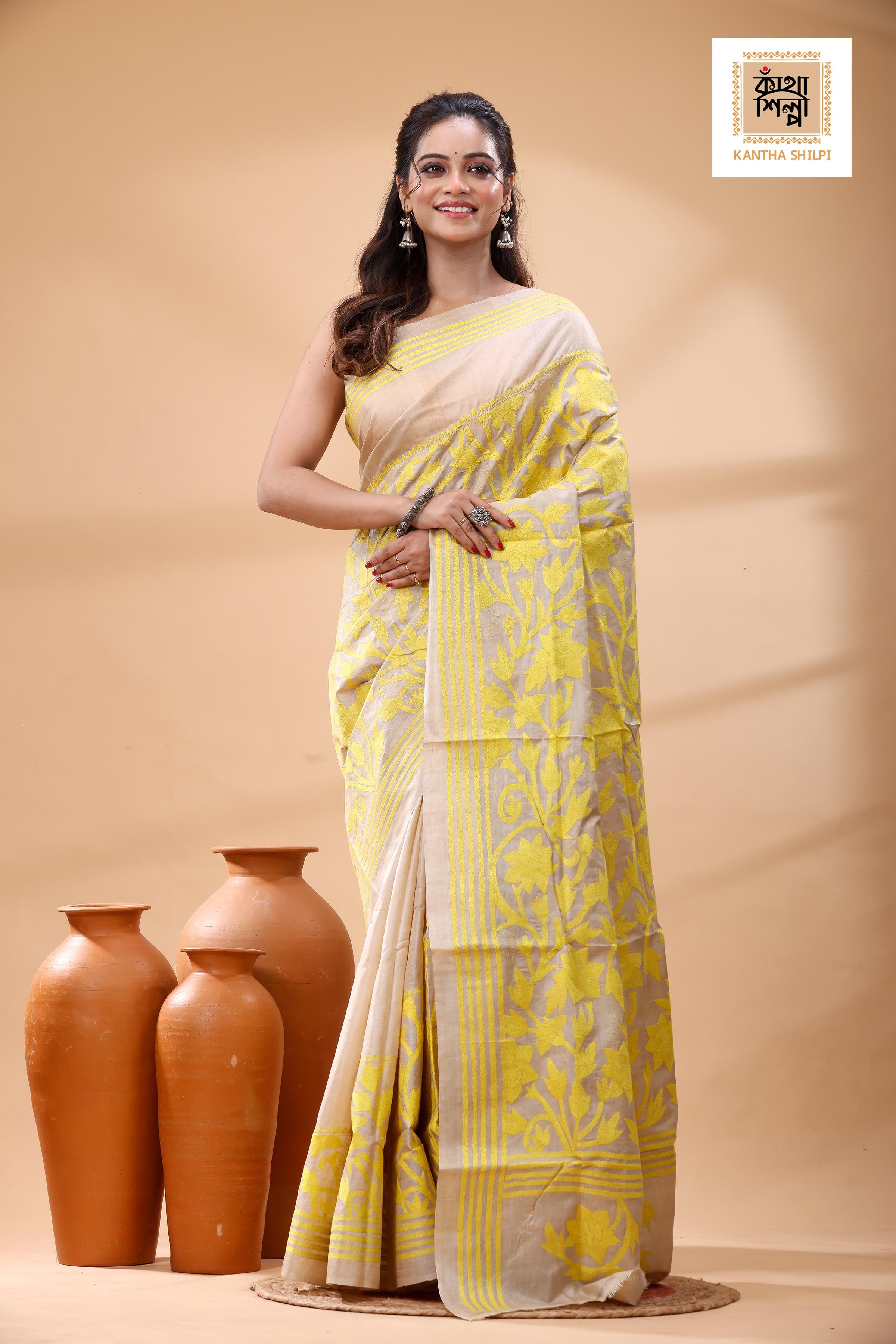 Pure Gachi Tussar Yellow Color Thread Work Kantha Stitch Saree