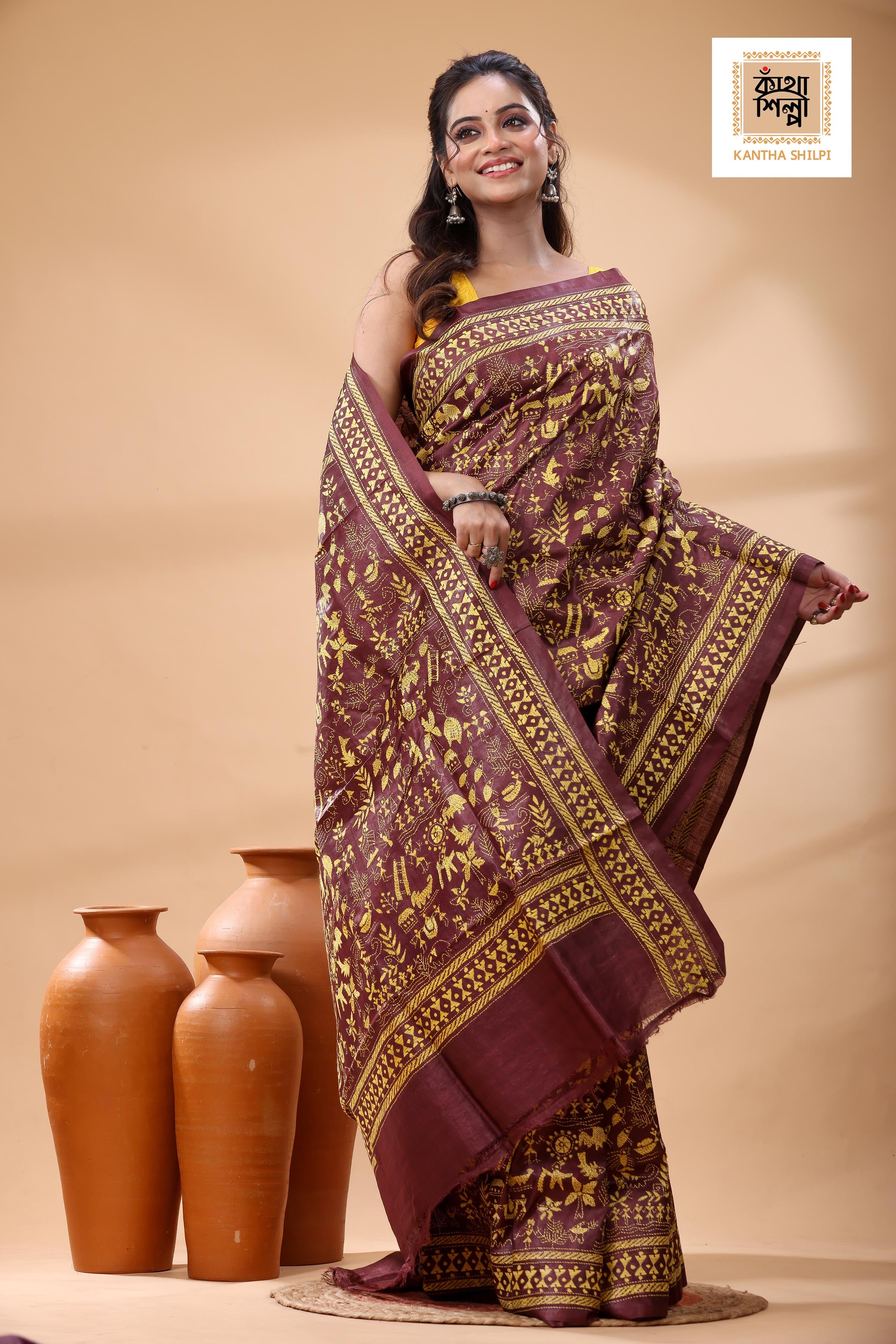 Pure Maroon Dye Gachi Tussar Yellow Color Thread Work Kantha Stitch Saree