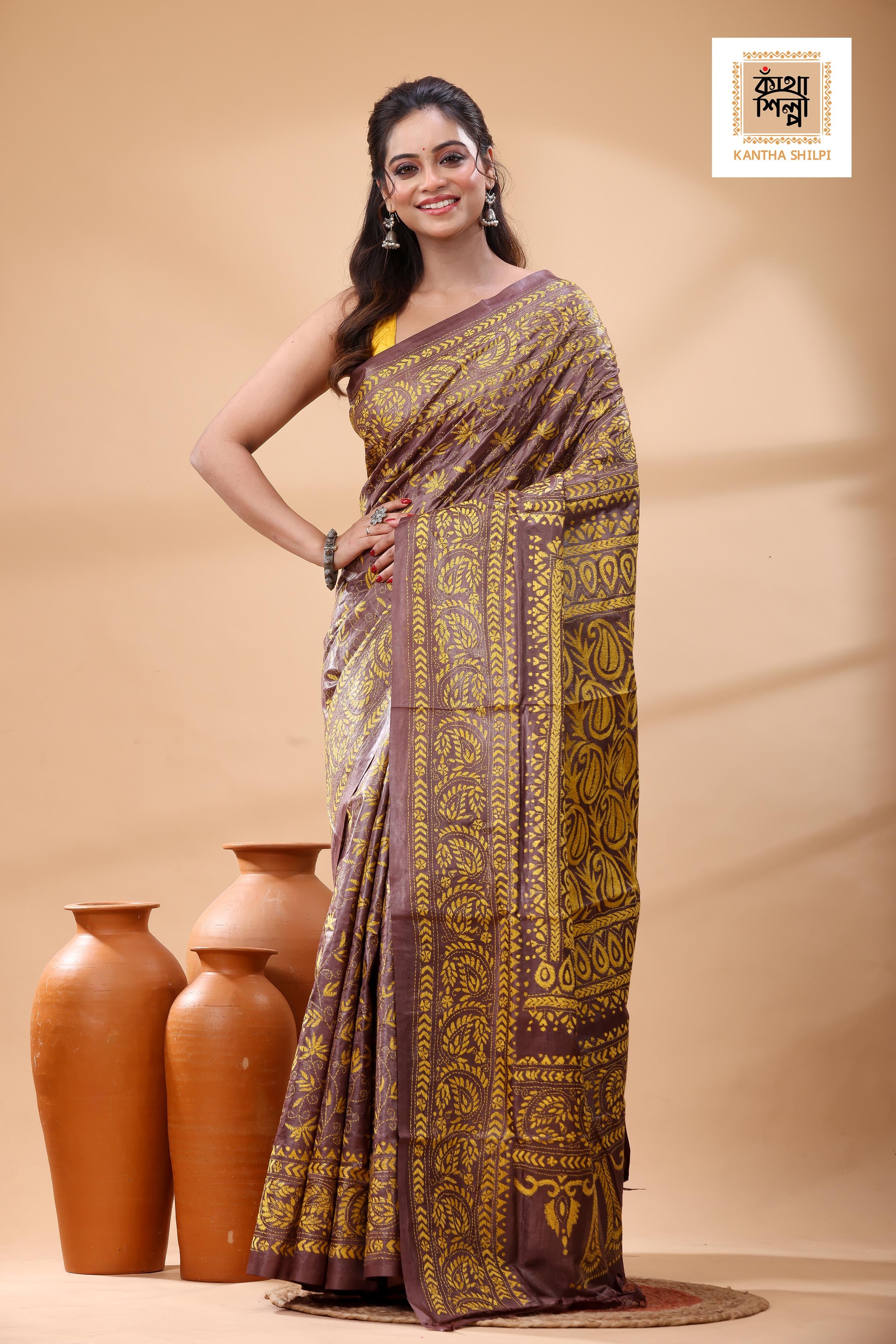 Pure Dye Gachi Tussar Yellow Color Thread Work Kantha Stitch Saree