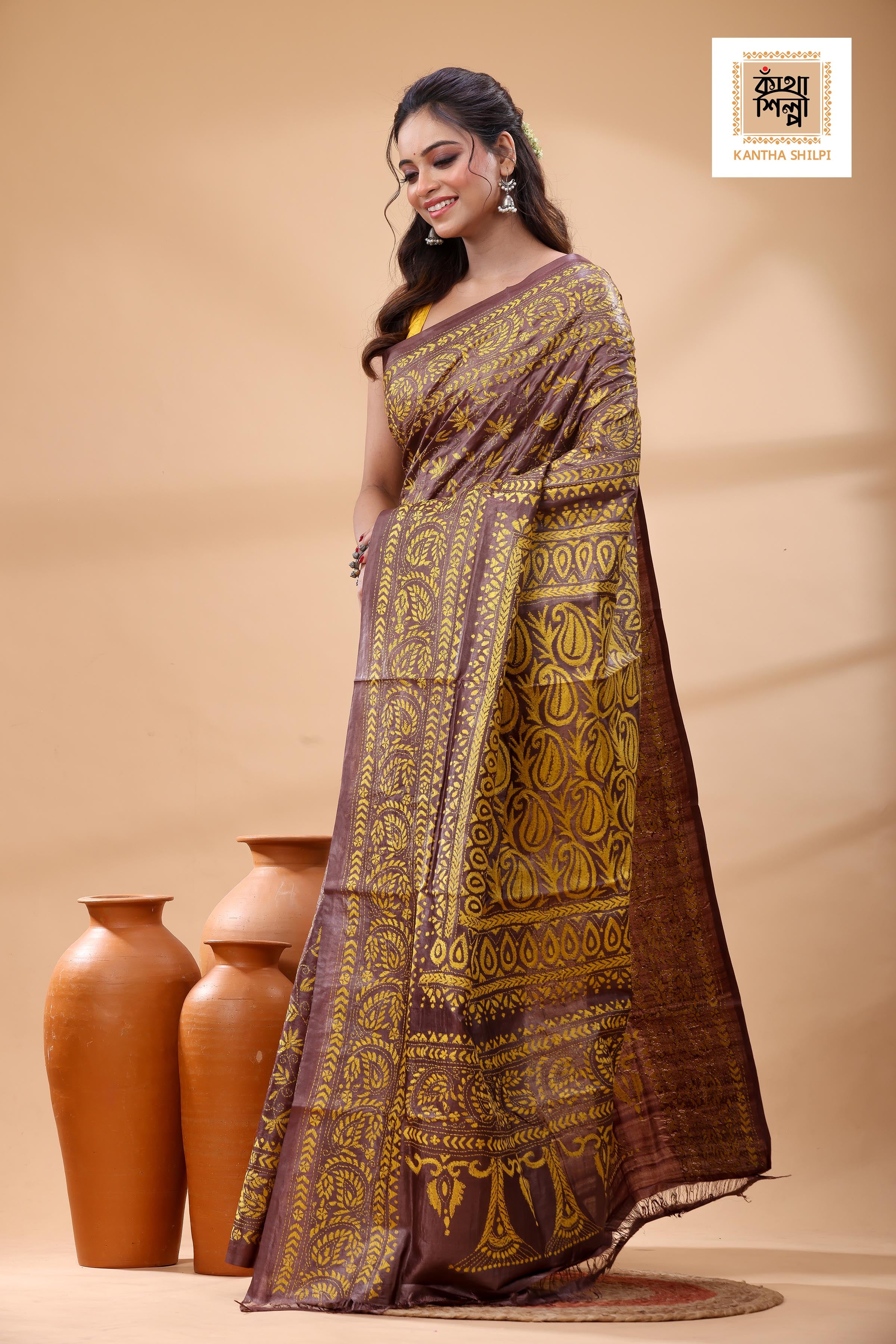 Pure Dye Gachi Tussar Yellow Color Thread Work Kantha Stitch Saree