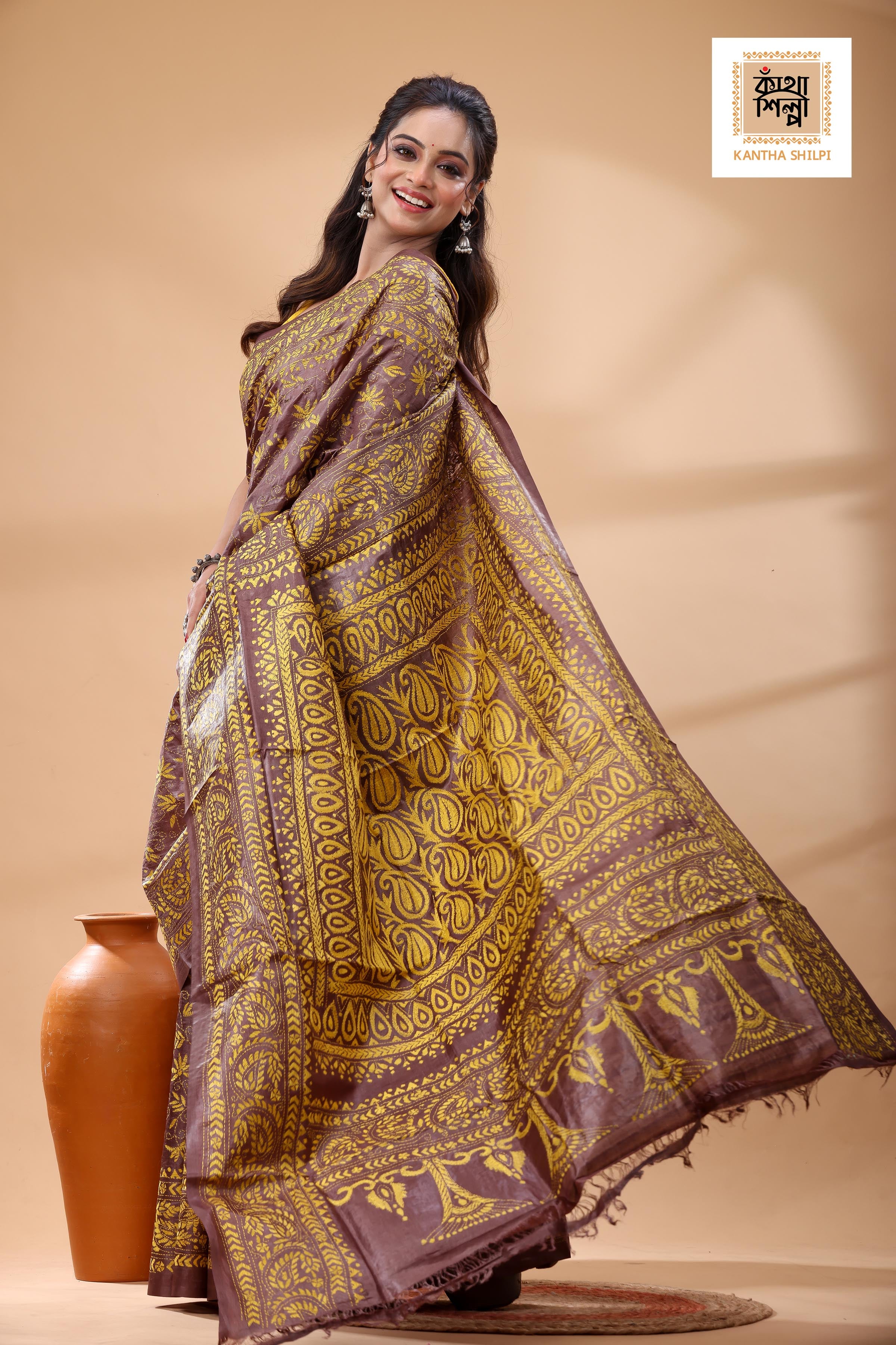 Pure Dye Gachi Tussar Yellow Color Thread Work Kantha Stitch Saree
