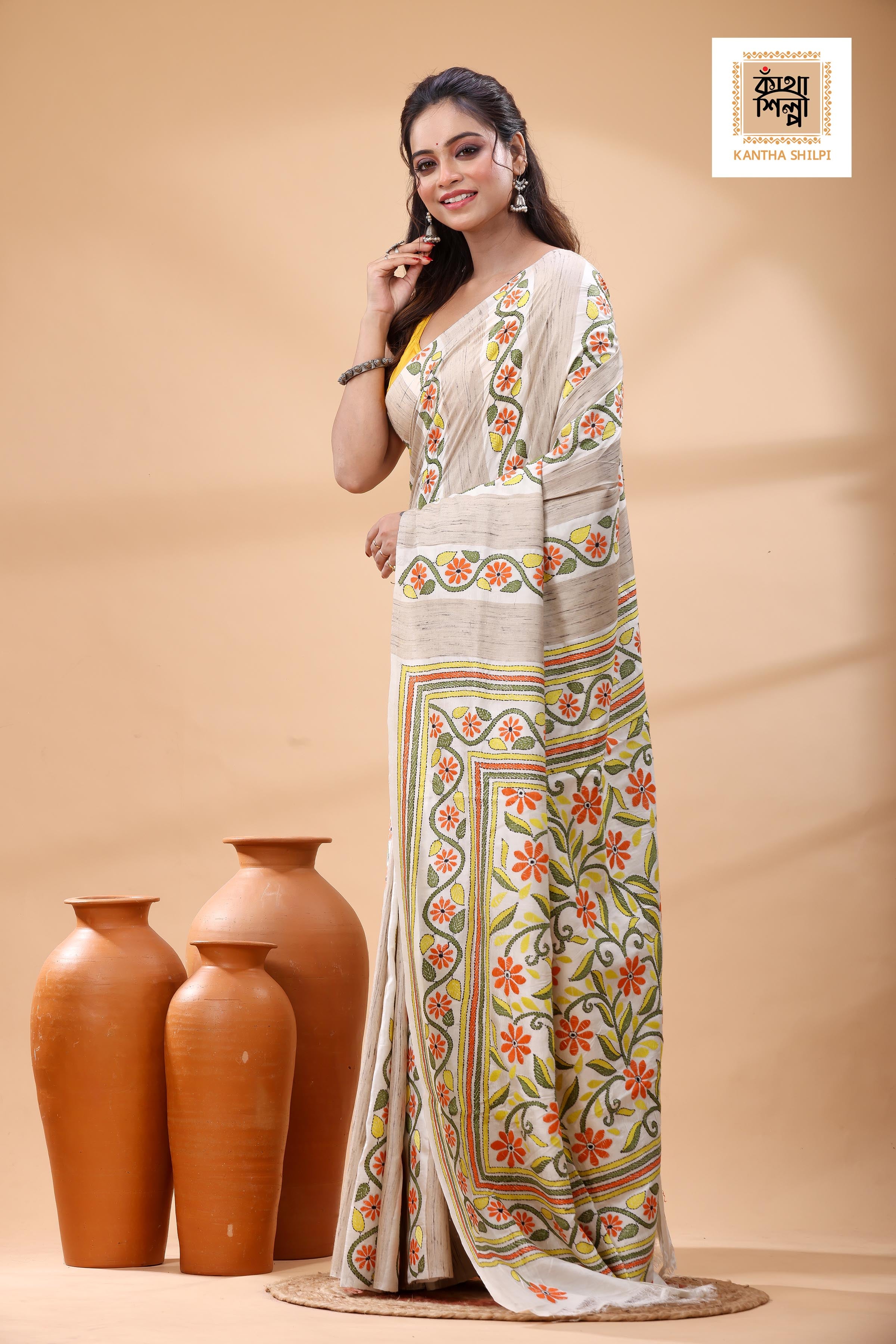 Bishnupuri (Katan) Silk Kantha Stitch Saree
