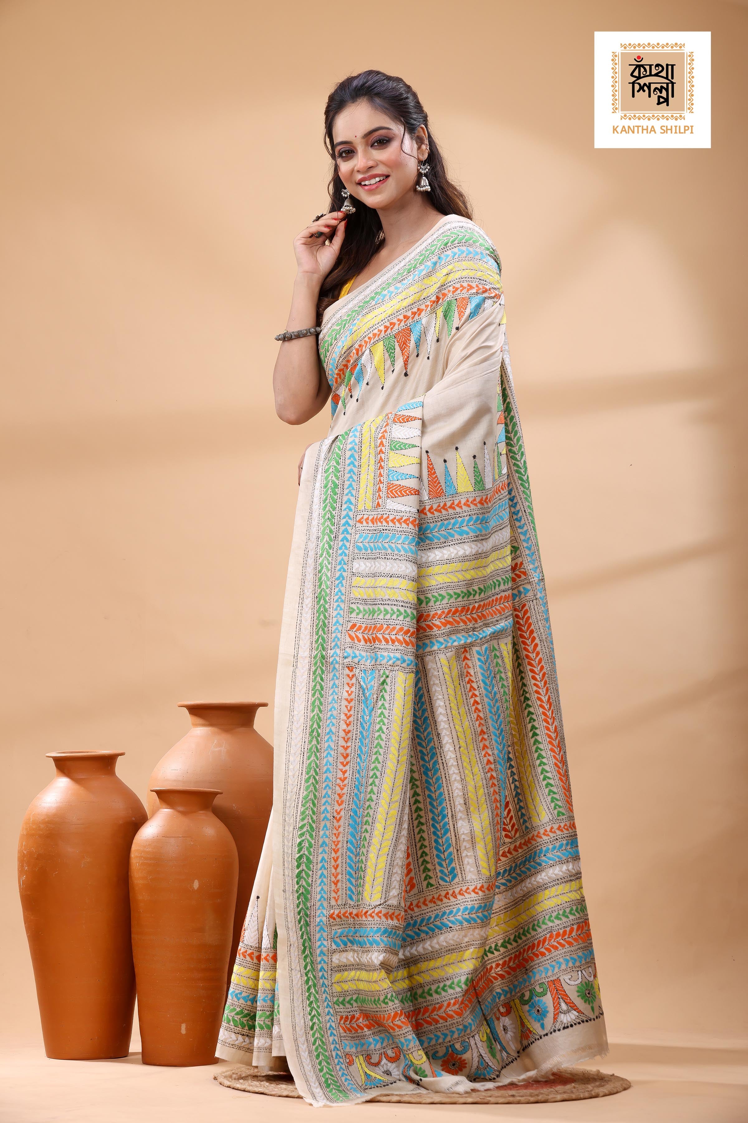 Pure Gachi Tussar Multicolor Thread Work Kantha Stitch Saree